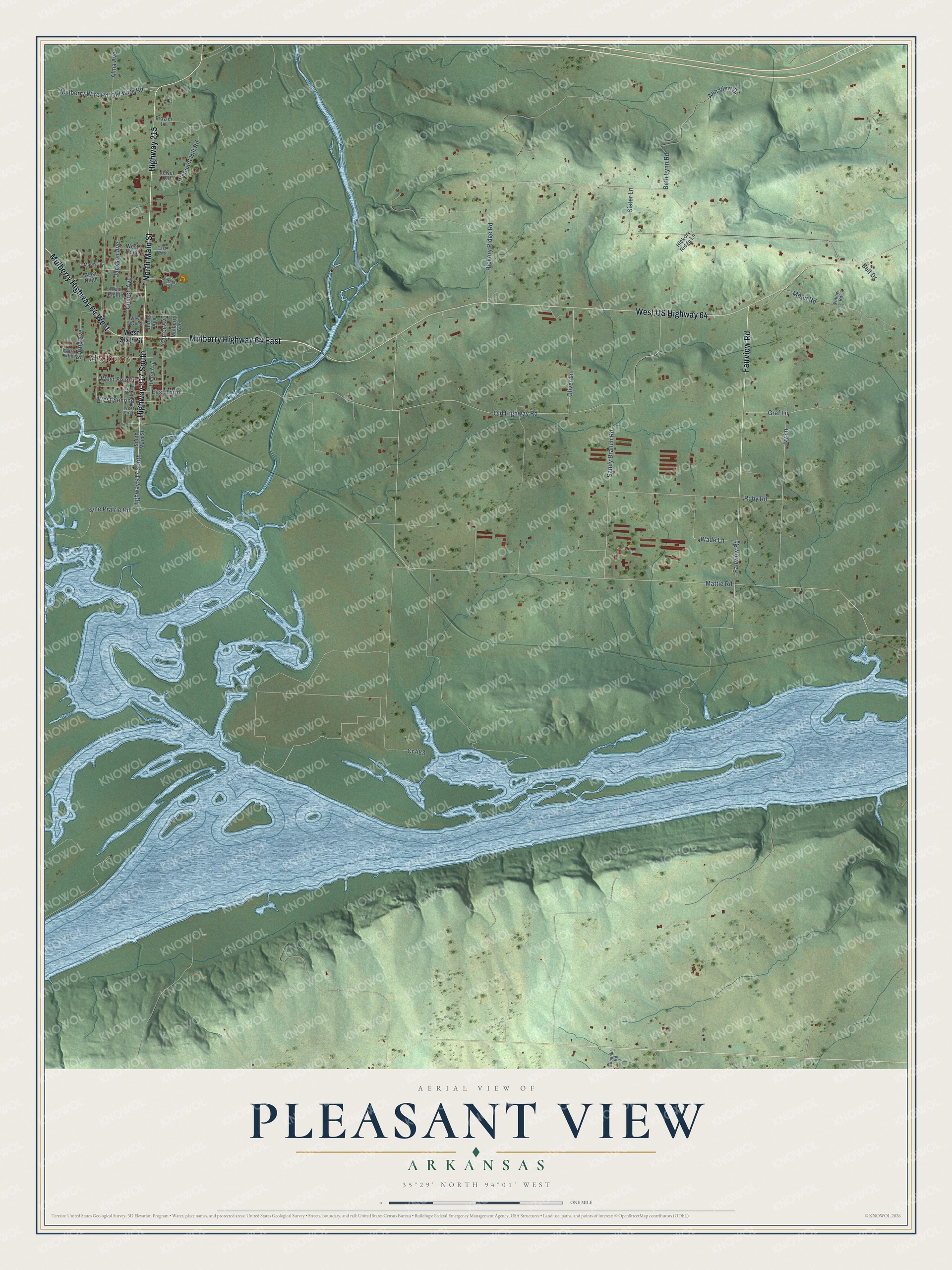Full map of Pleasant View, Arkansas, with red buildings, printed street names and the land around them