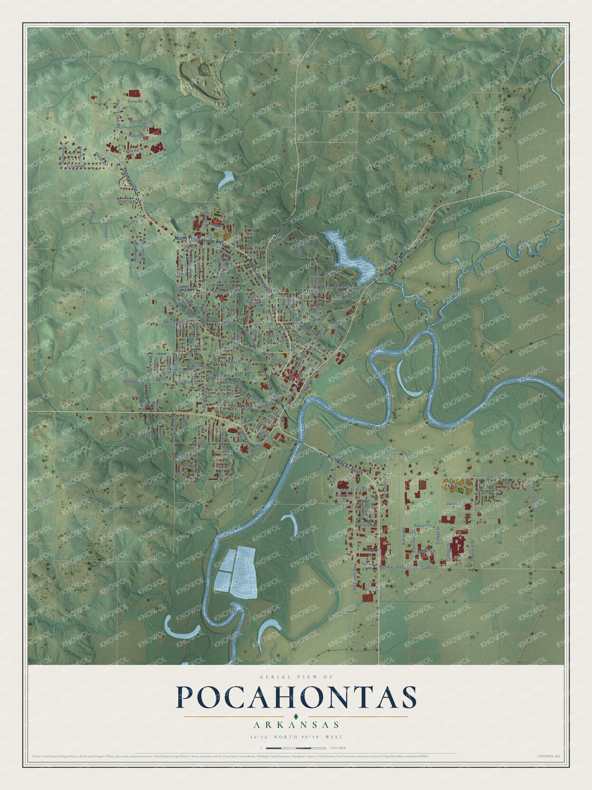 Full map of Pocahontas, Arkansas, with red buildings, printed street names and the land around them