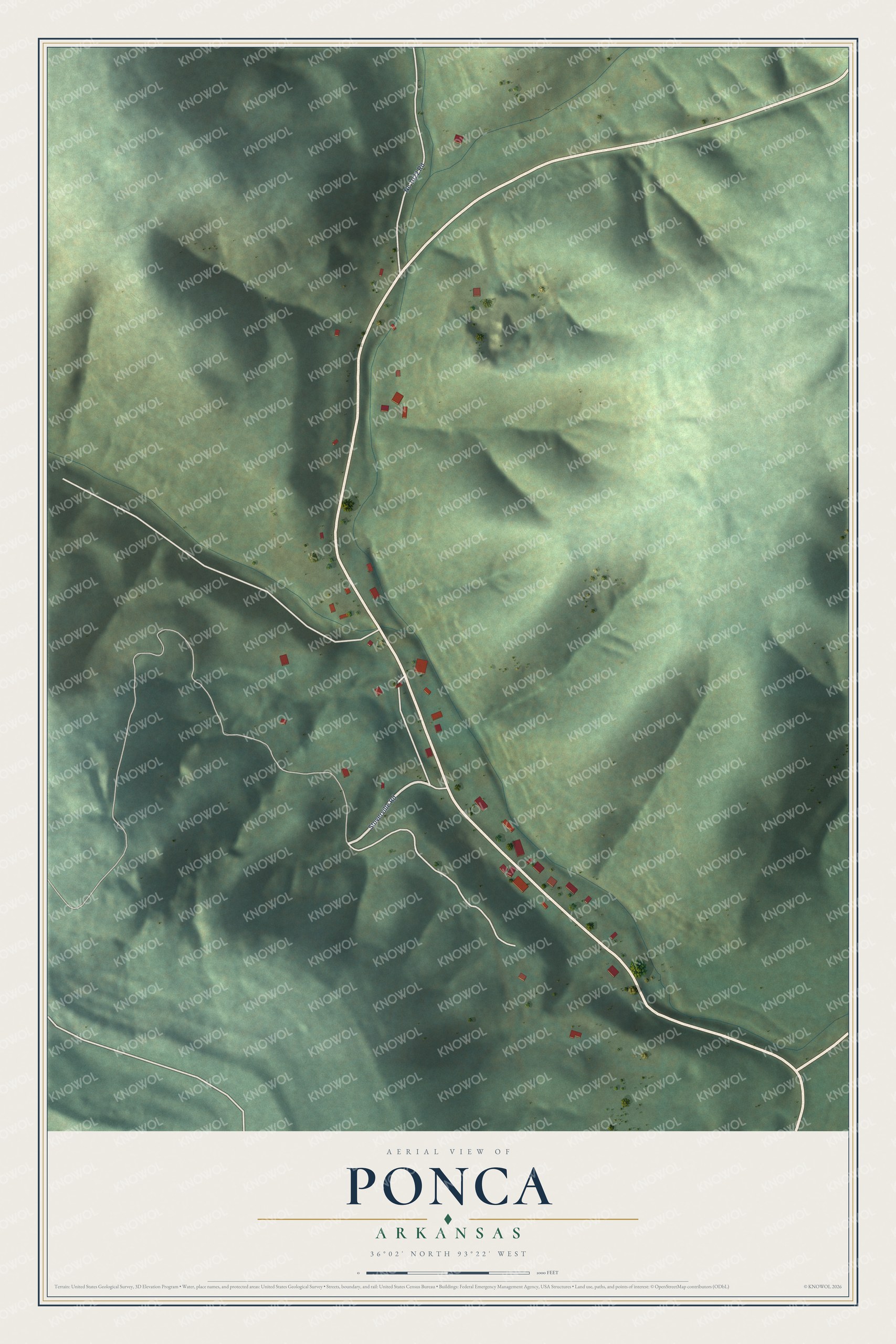 Full map of Ponca, Arkansas, with red buildings, printed street names and the land around them