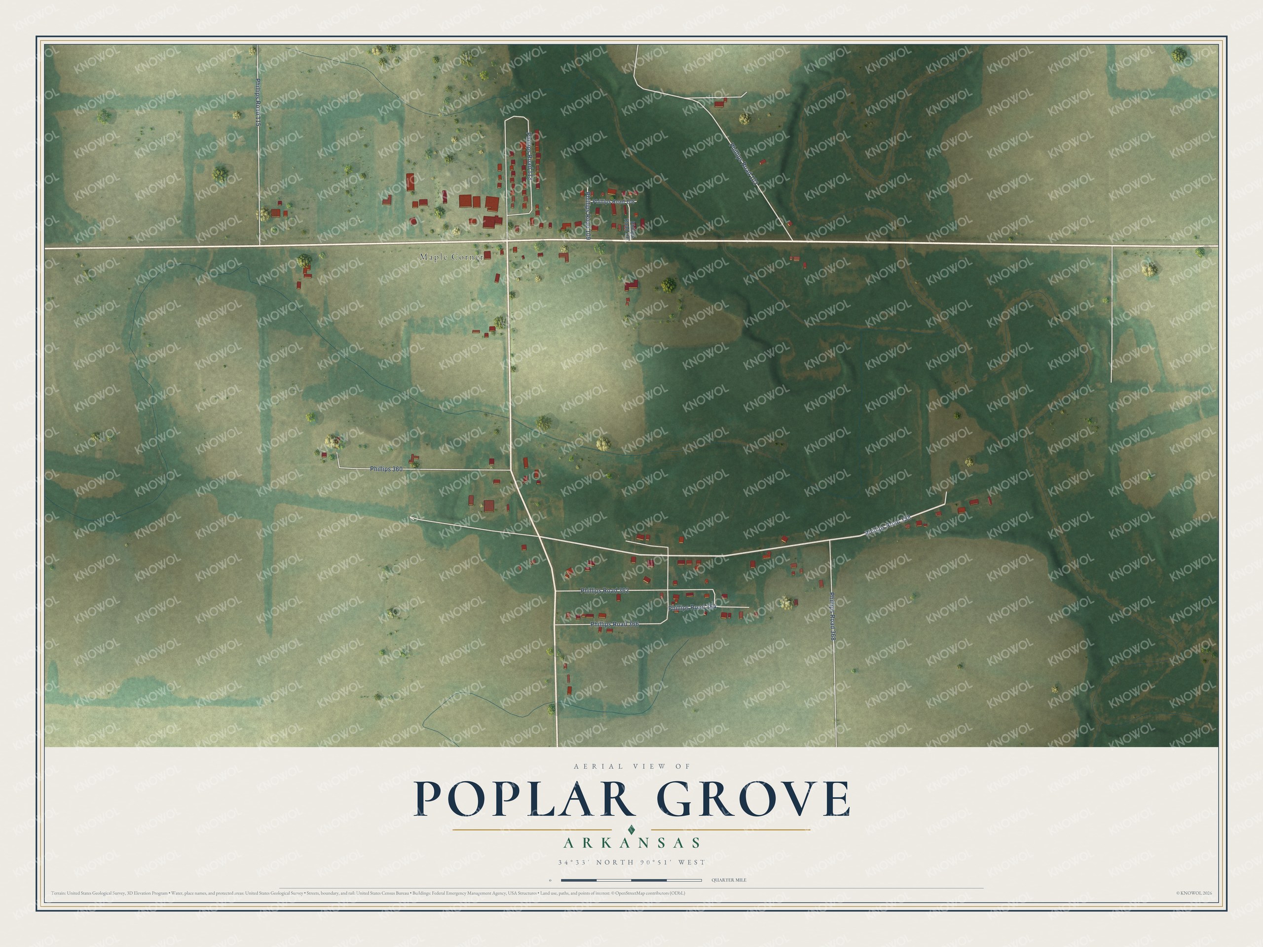 Full map of Poplar Grove, Arkansas, with red buildings, printed street names and the land around them