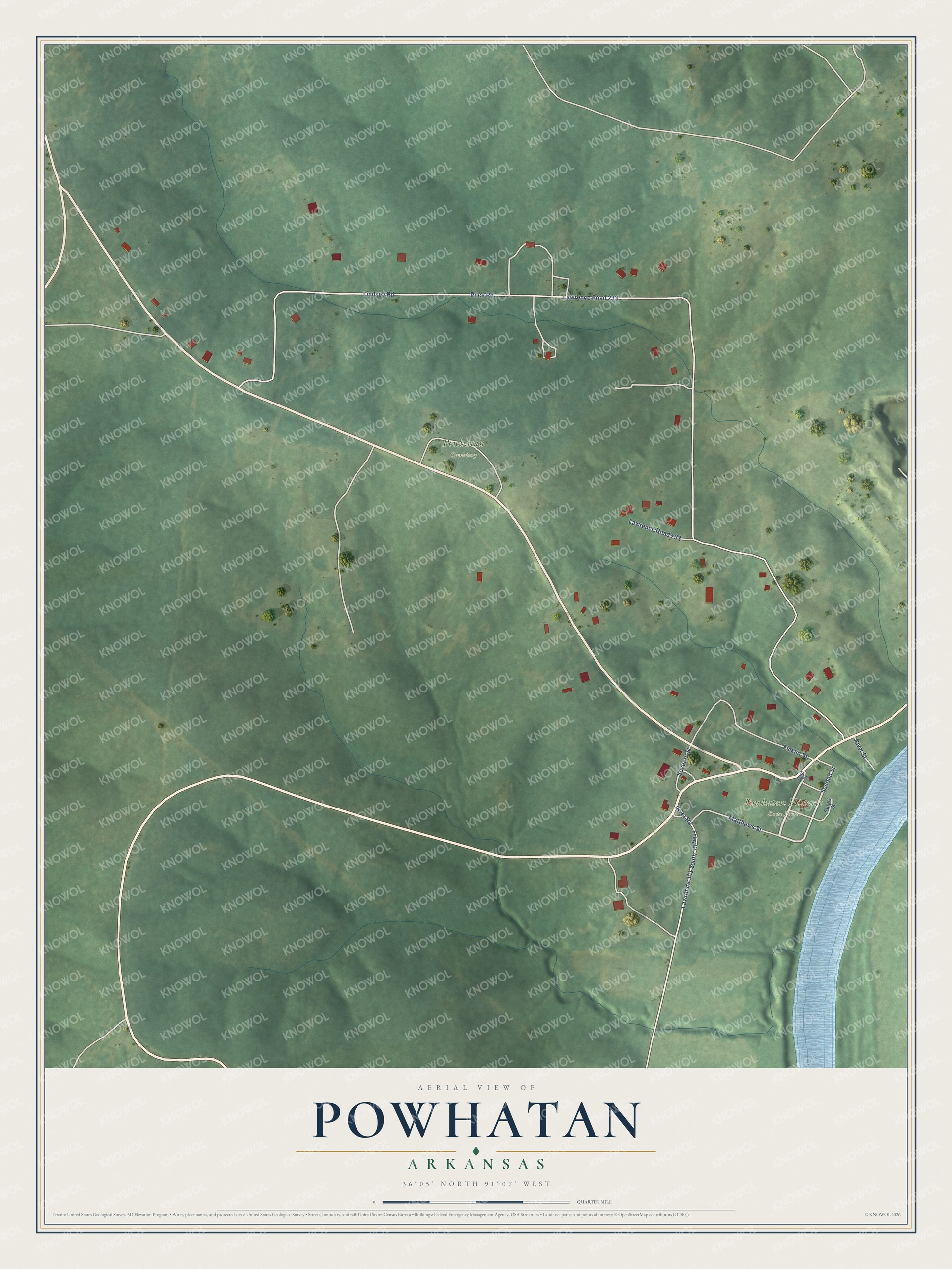 Full map of Powhatan, Arkansas, with red buildings, printed street names and the land around them