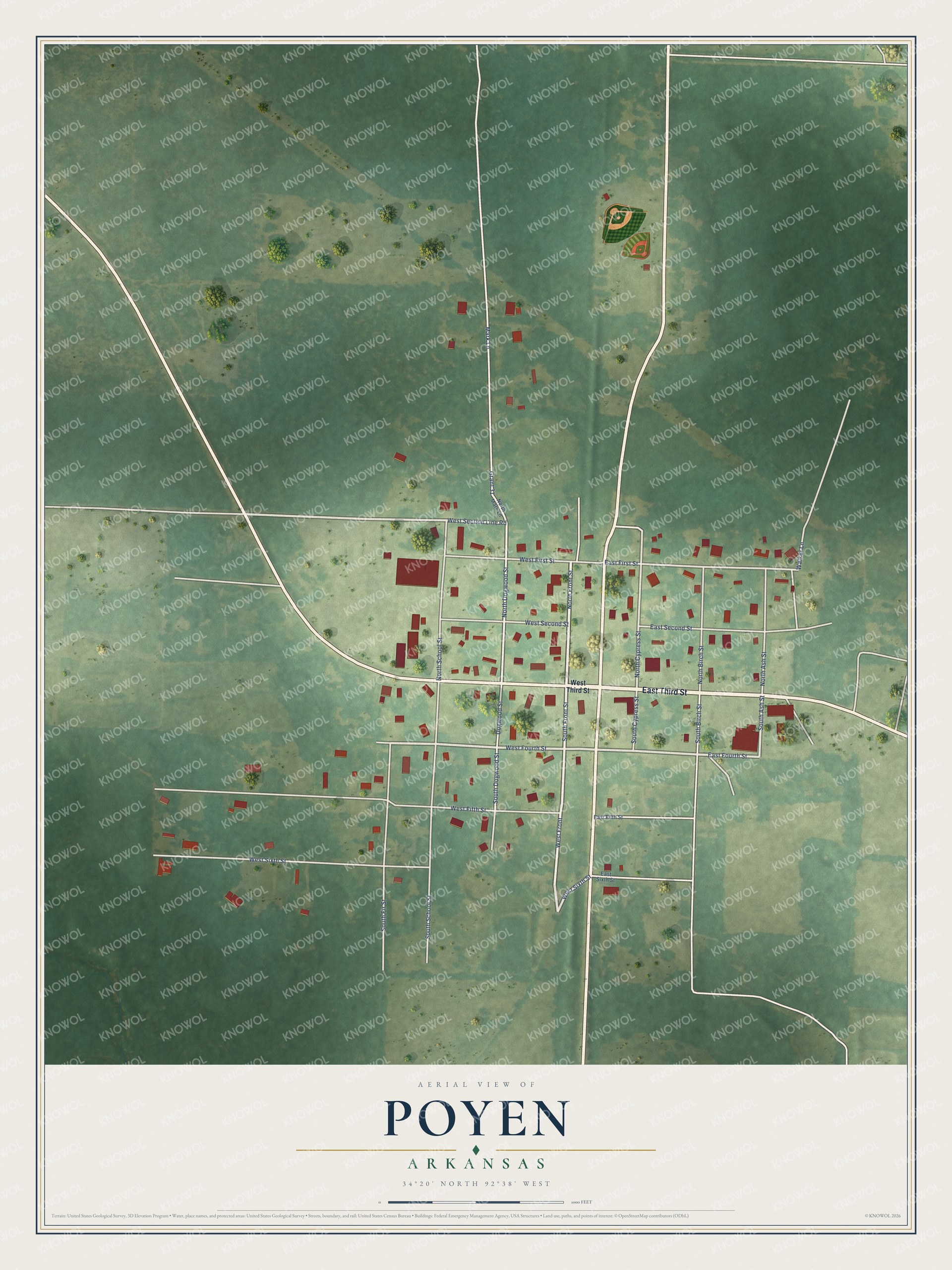 Full map of Poyen, Arkansas, with red buildings, printed street names and the land around them