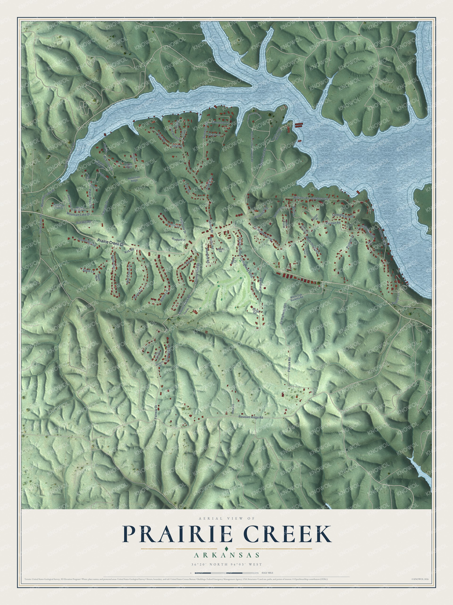 Full map of Prairie Creek, Arkansas, with red buildings, printed street names and the land around them