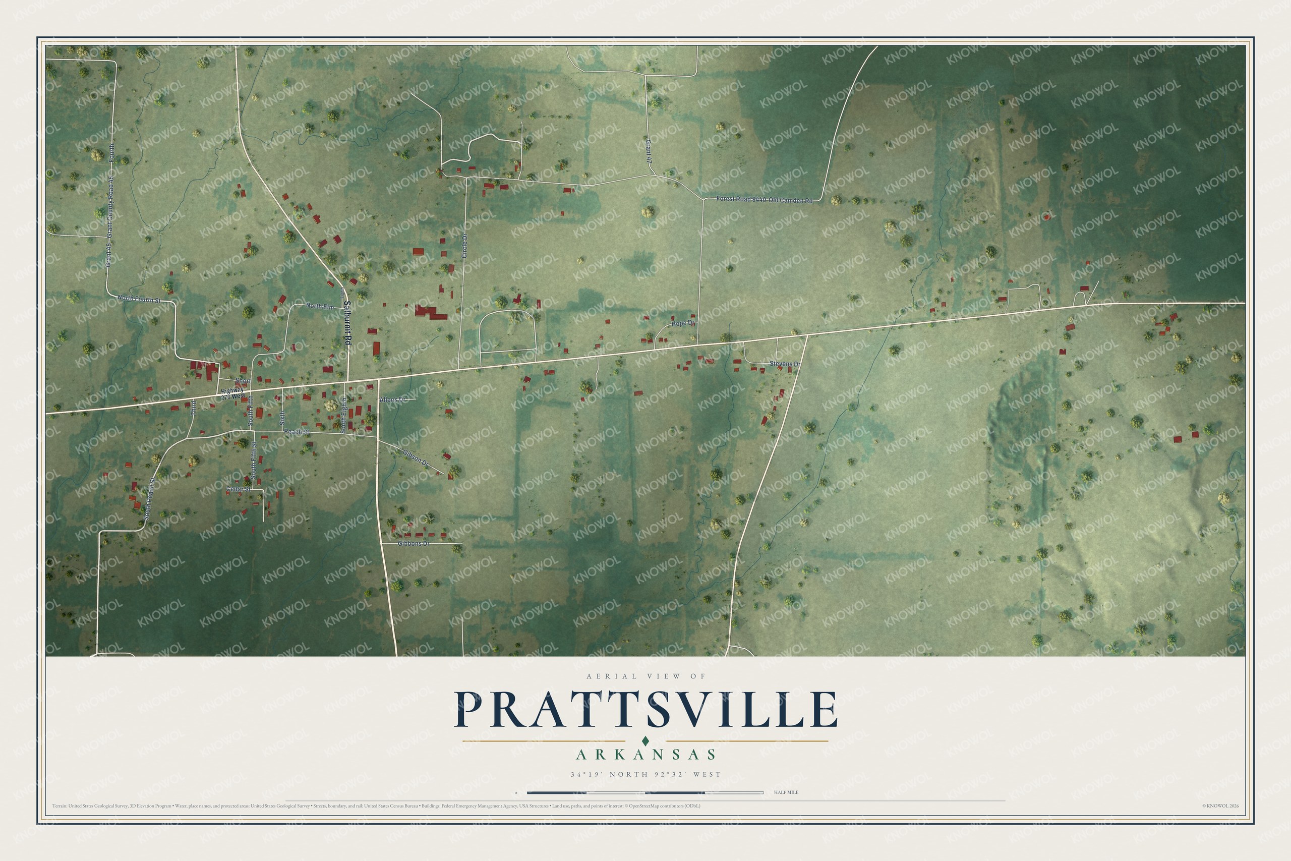 Full map of Prattsville, Arkansas, with red buildings, printed street names and the land around them