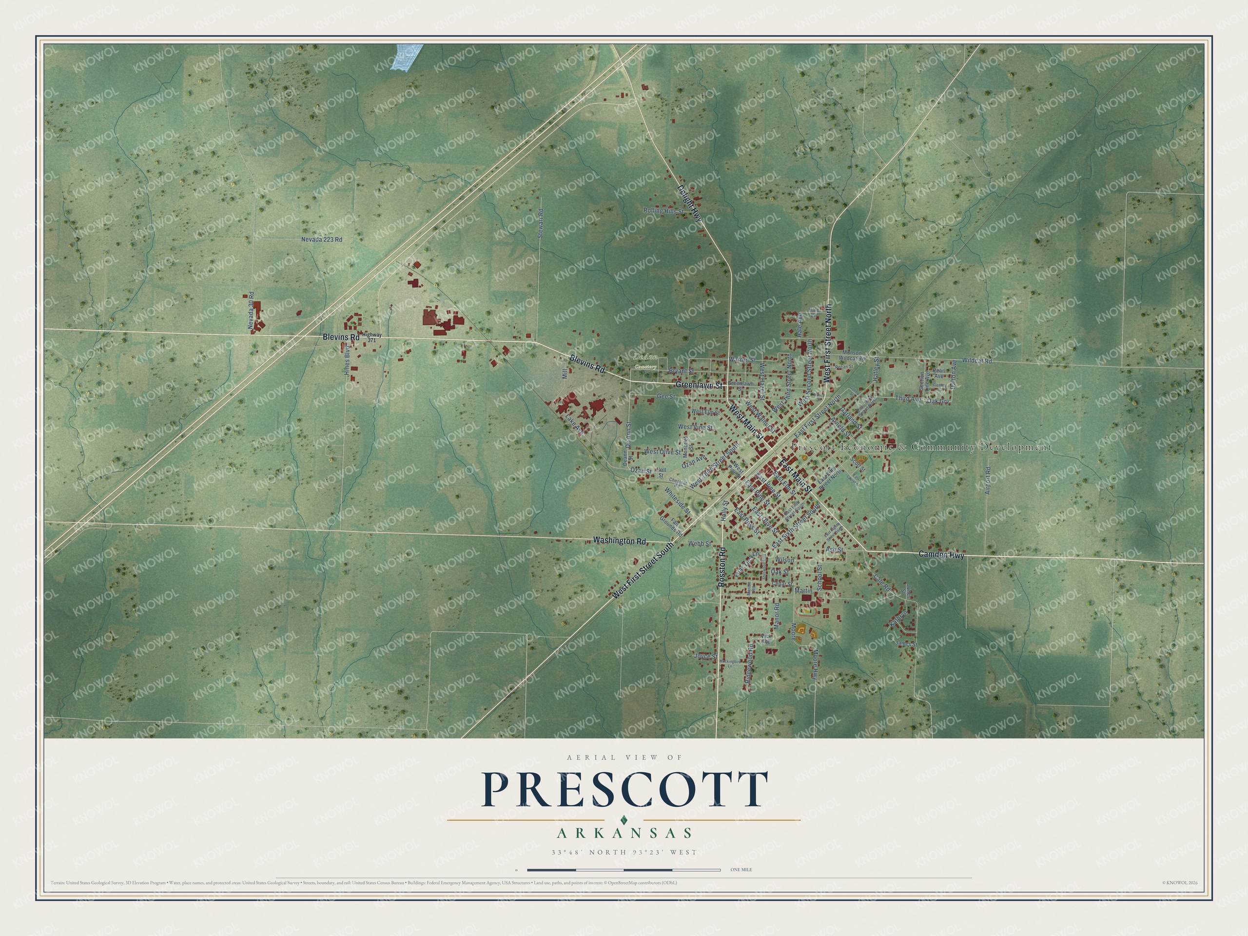 Full map of Prescott, Arkansas, with red buildings, printed street names and the land around them