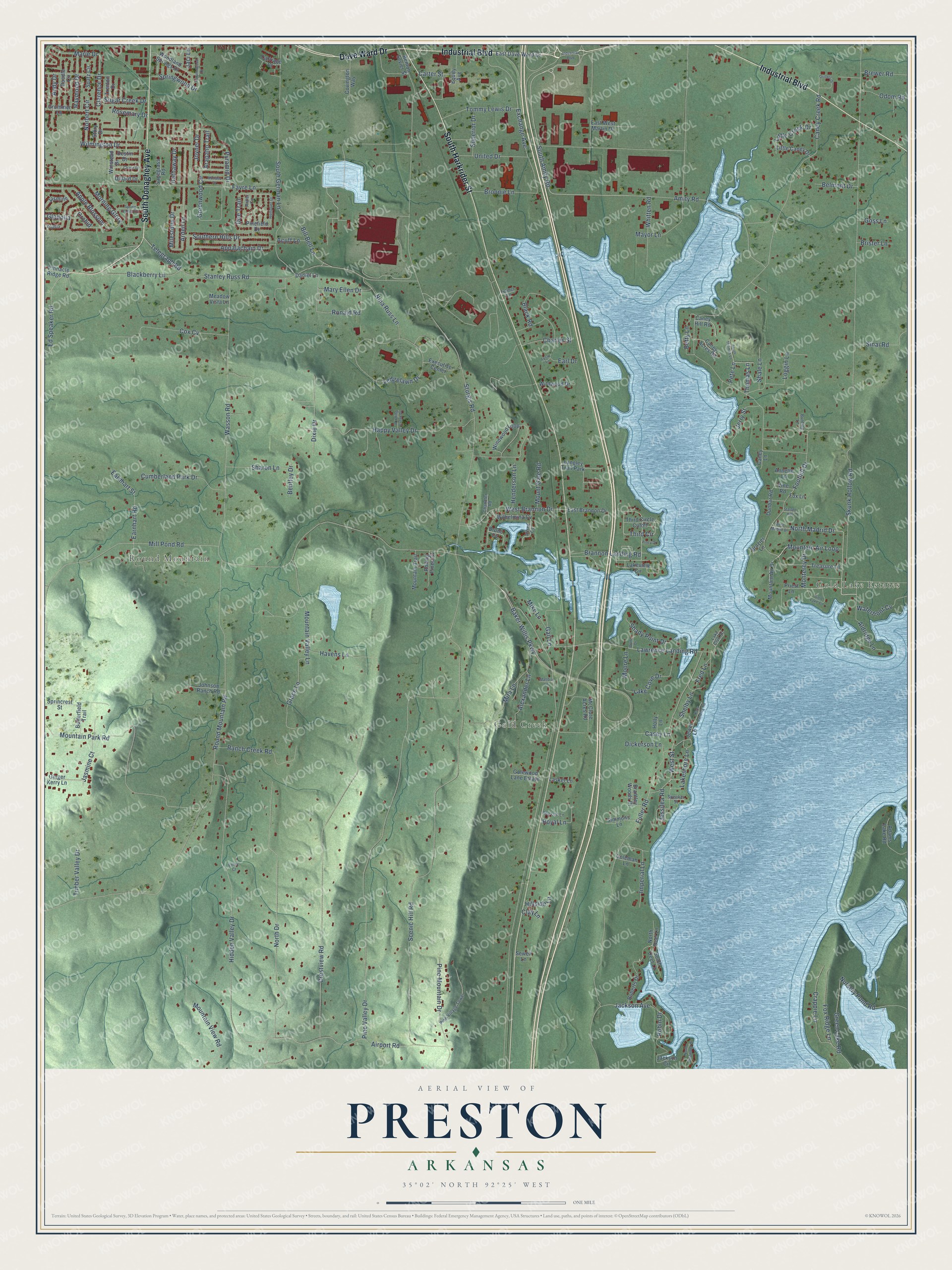 Full map of Preston, Arkansas, with red buildings, printed street names and the land around them