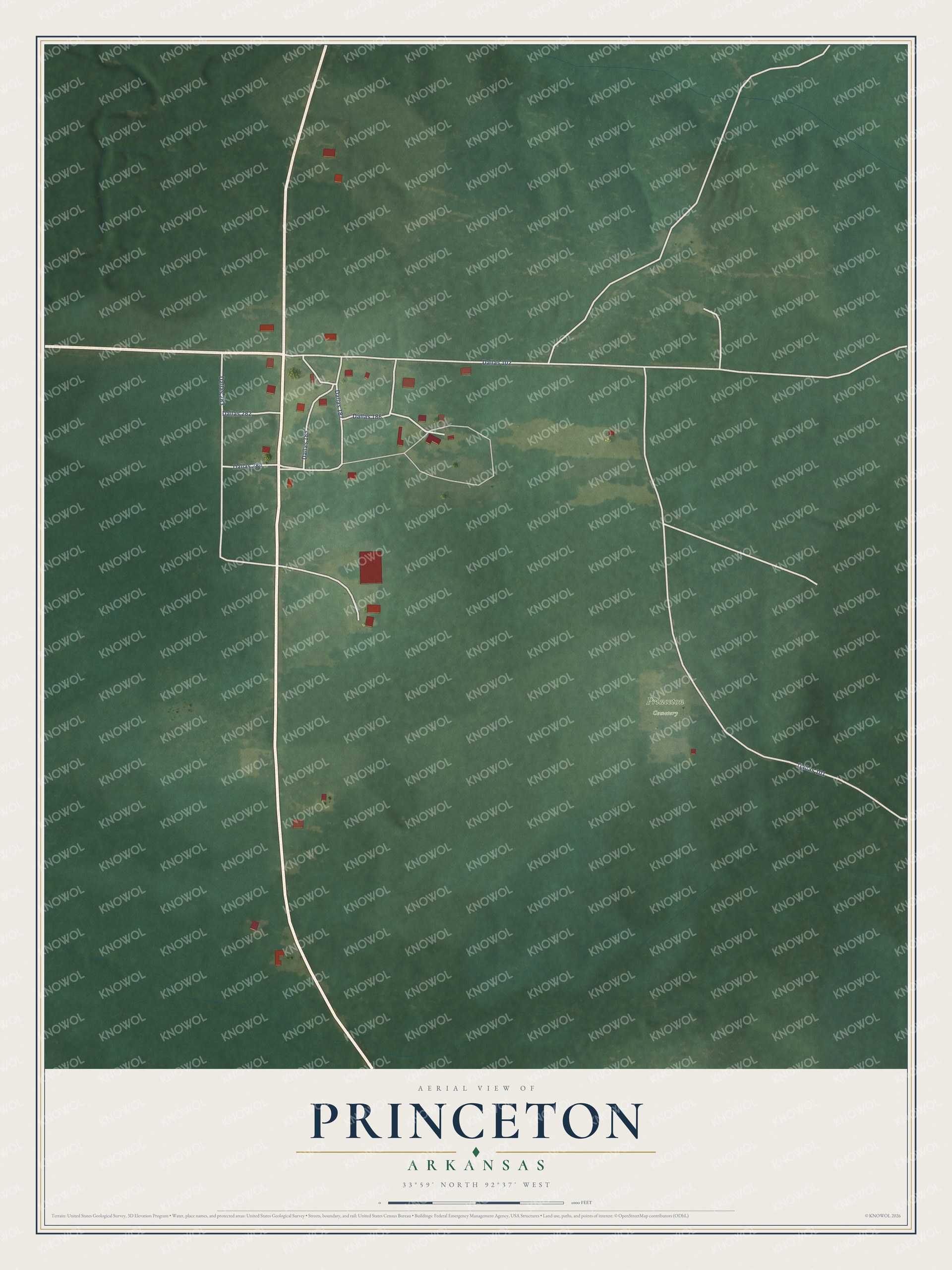 Full map of Princeton, Arkansas, with red buildings, printed street names and the land around them