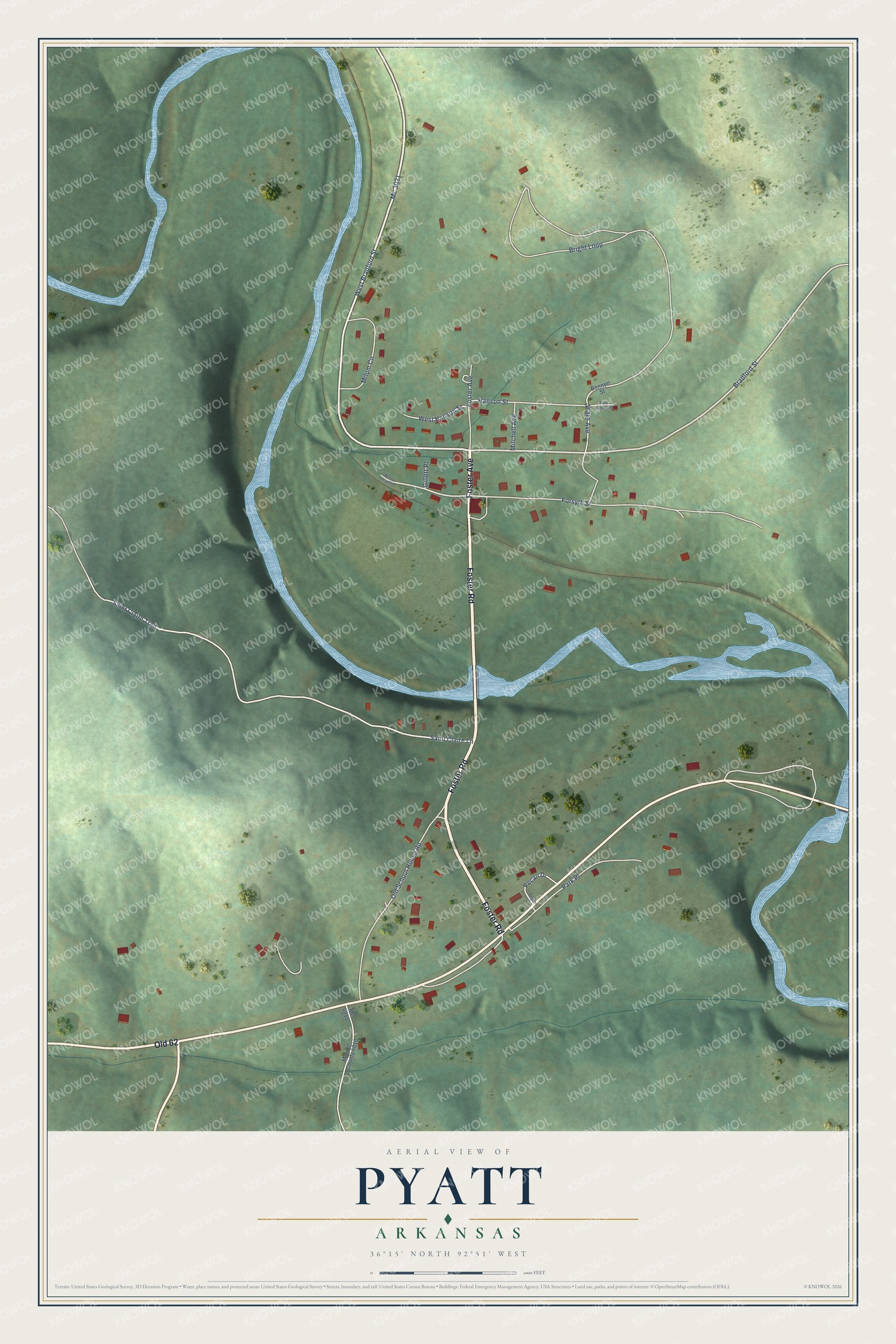 Full map of Pyatt, Arkansas, with red buildings, printed street names and the land around them