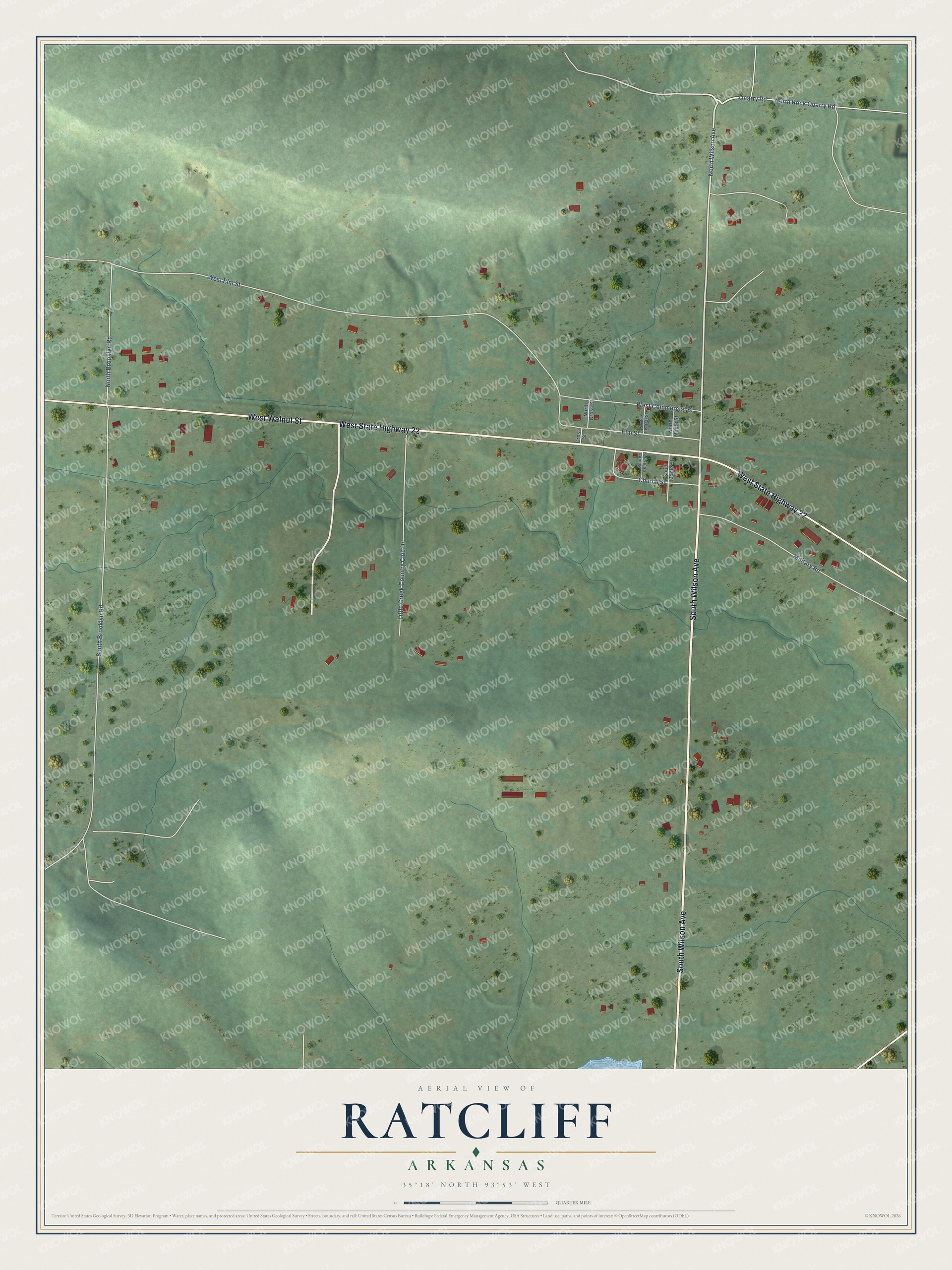 Full map of Ratcliff, Arkansas, with red buildings, printed street names and the land around them