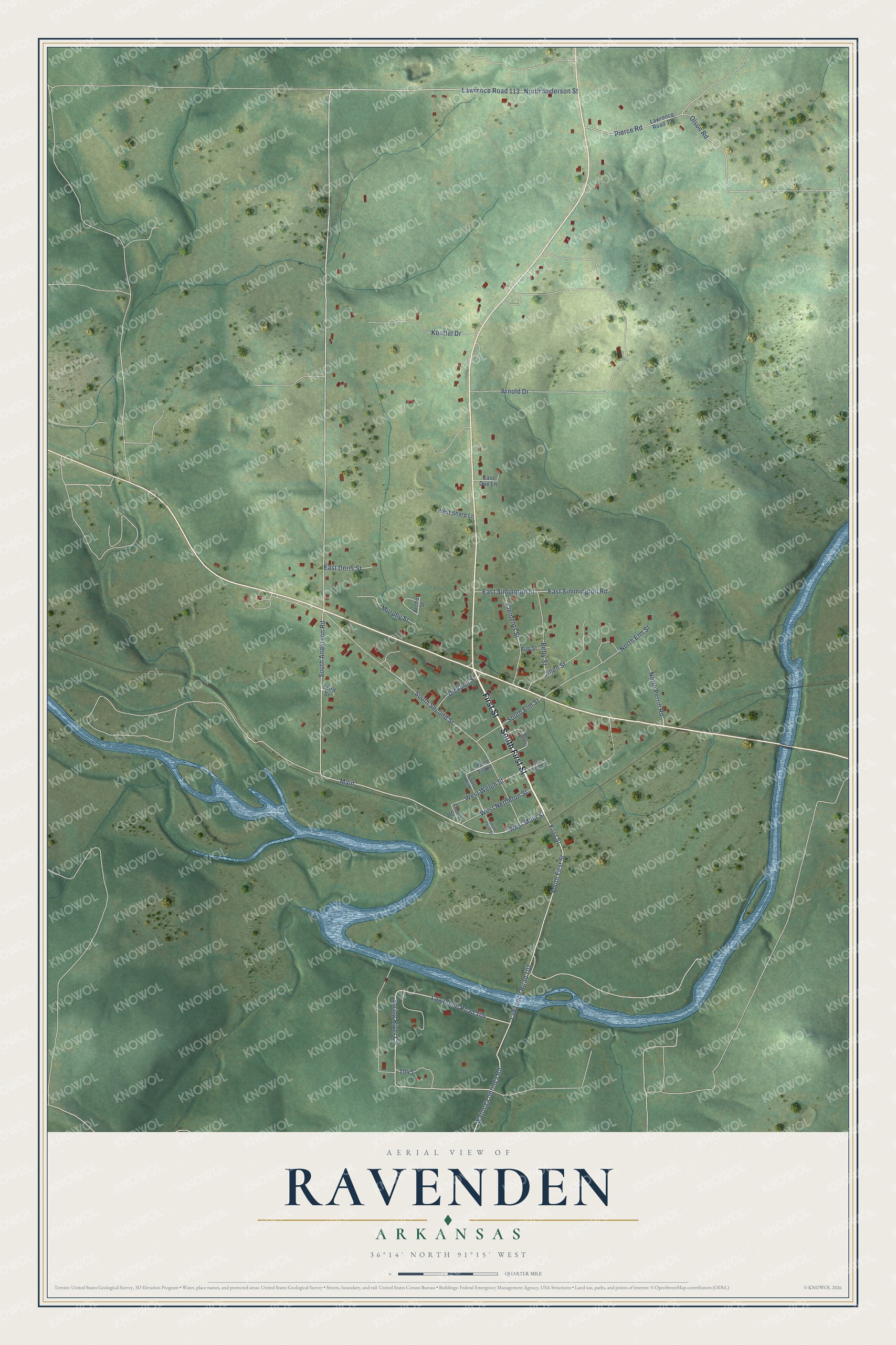 Full map of Ravenden, Arkansas, with red buildings, printed street names and the land around them