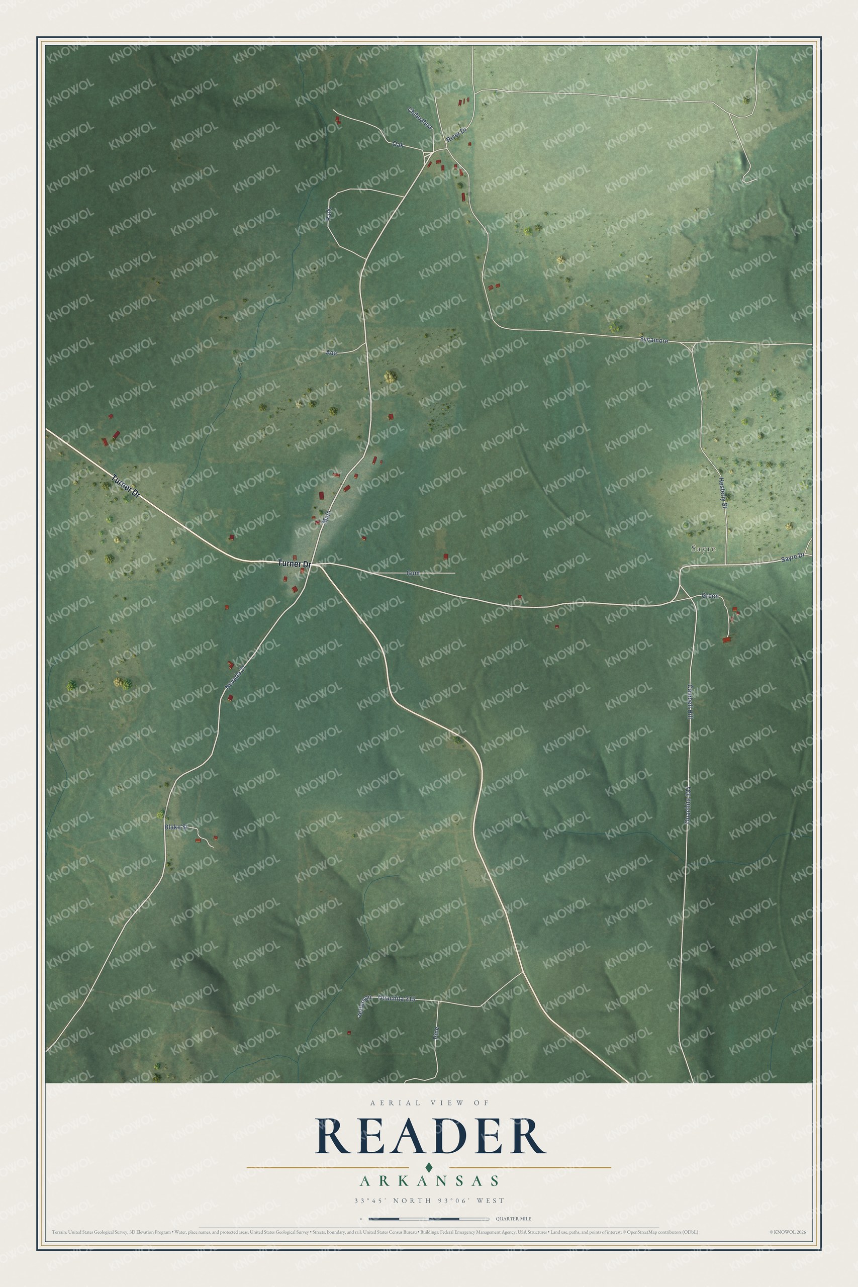 Full map of Reader, Arkansas, with red buildings, printed street names and the land around them