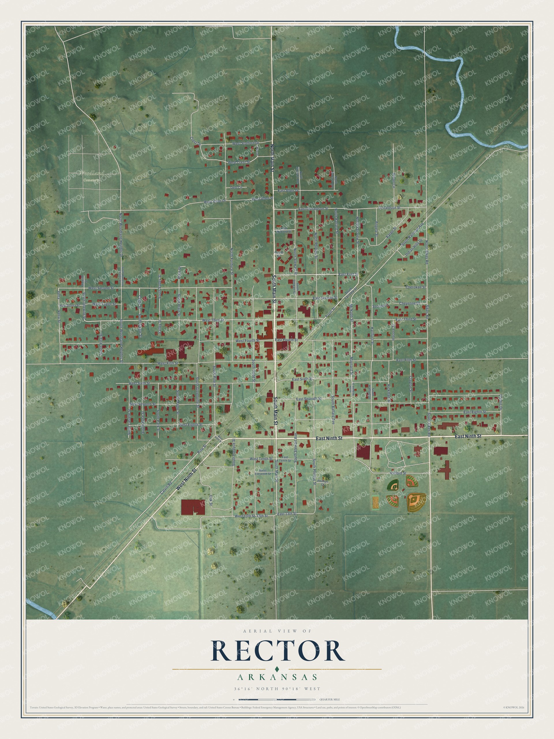 Full map of Rector, Arkansas, with red buildings, printed street names and the land around them