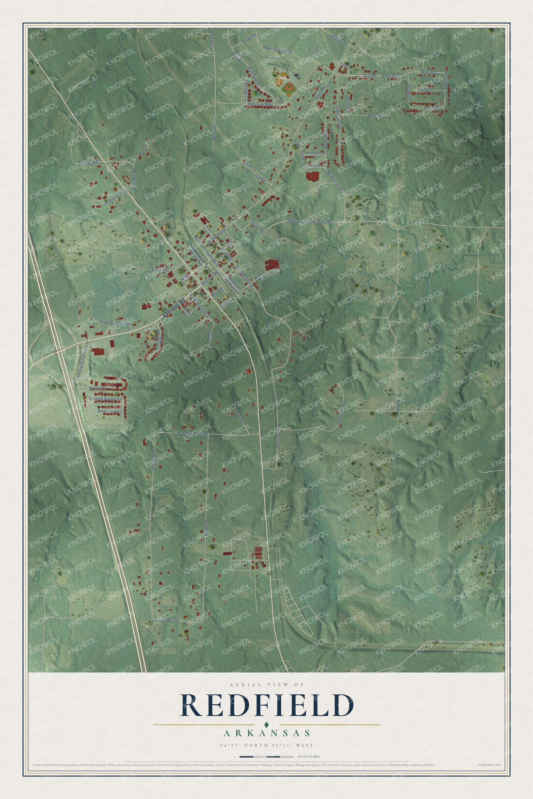 Full map of Redfield, Arkansas, with red buildings, printed street names and the land around them