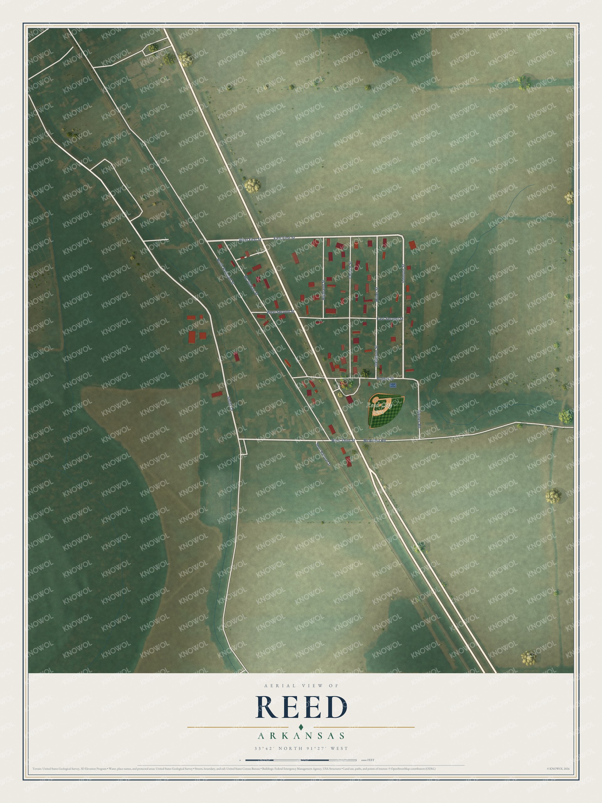 Full map of Reed, Arkansas, with red buildings, printed street names and the land around them
