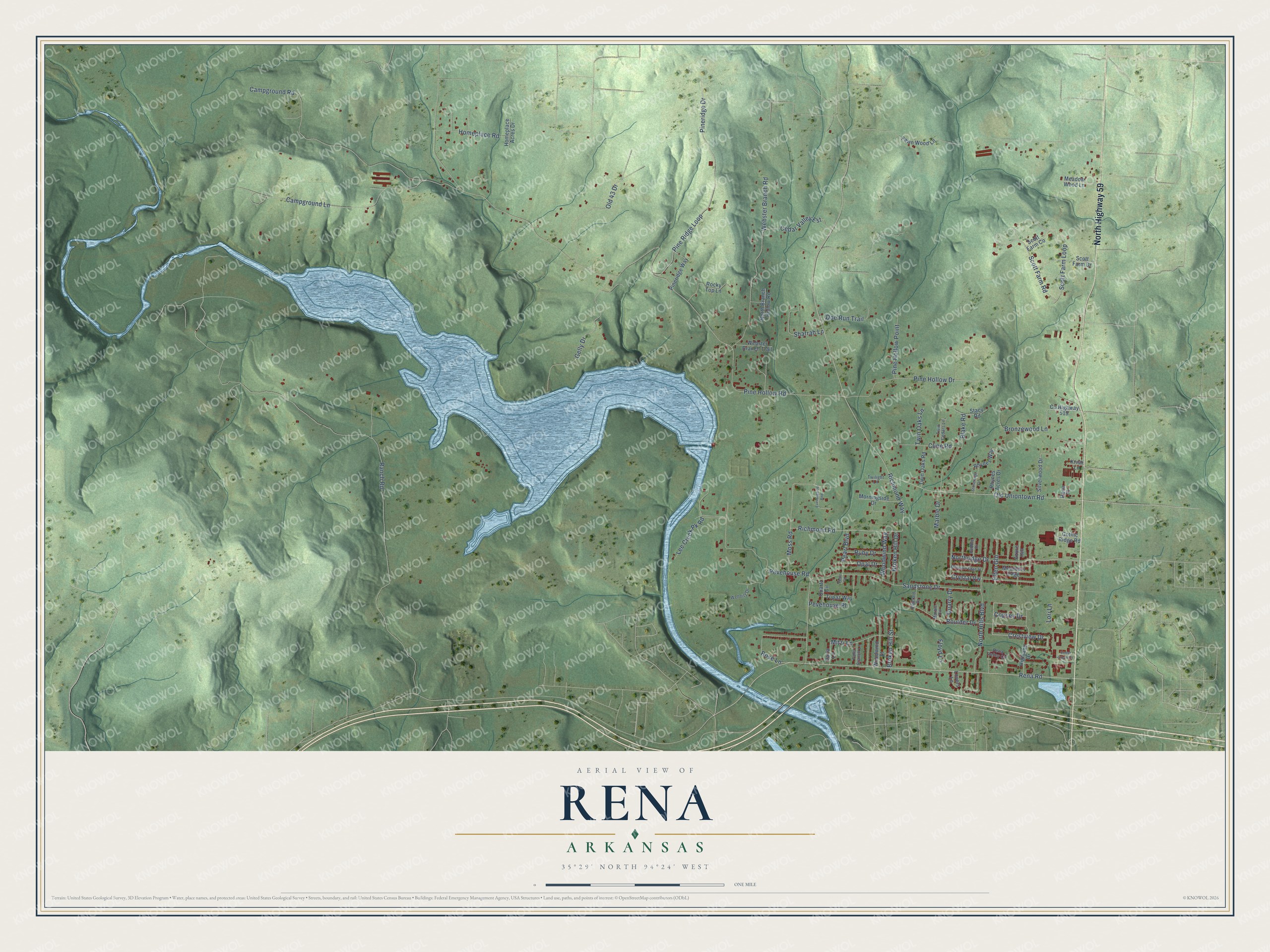 Full map of Rena, Arkansas, with red buildings, printed street names and the land around them