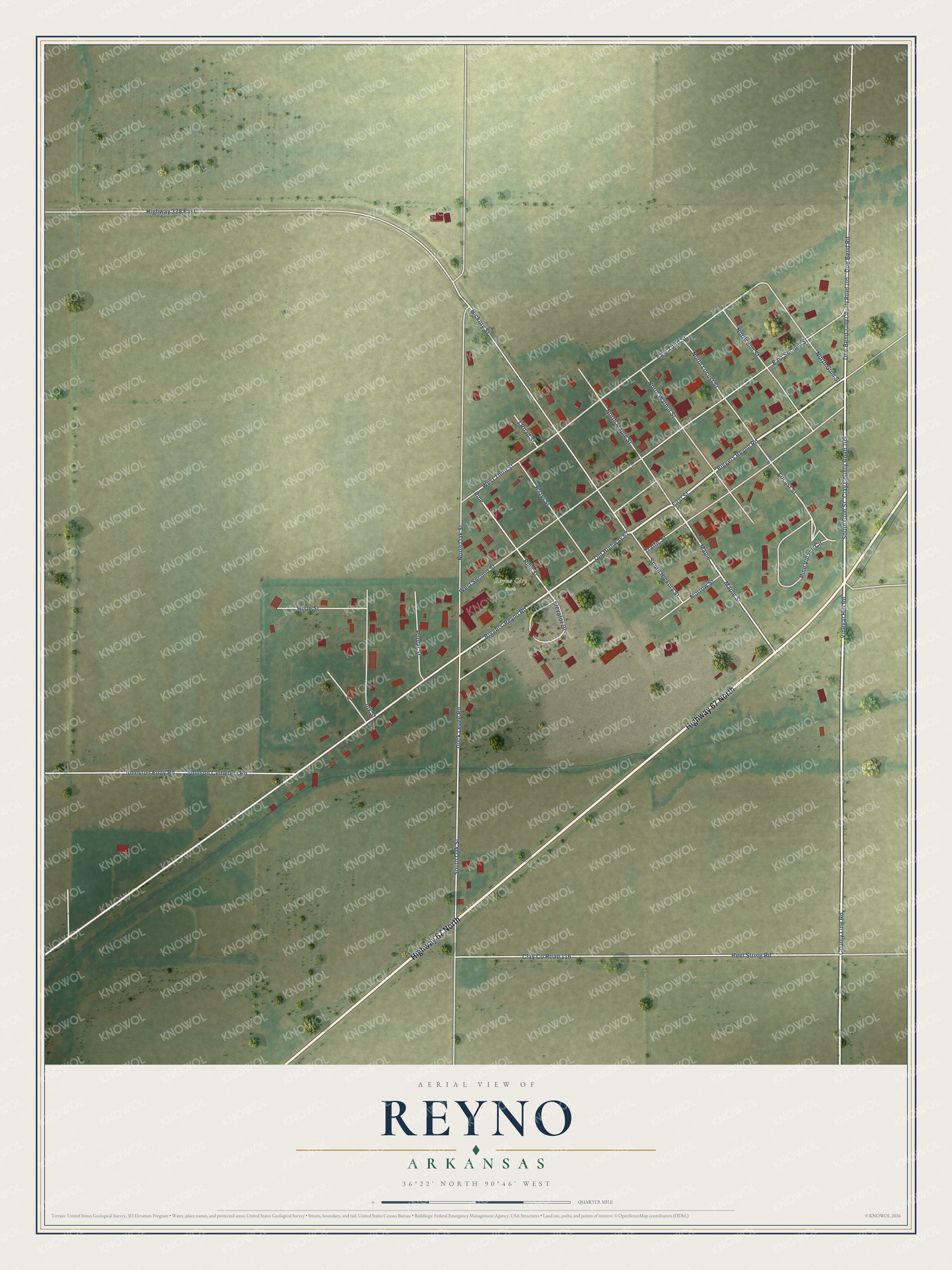 Full map of Reyno, Arkansas, with red buildings, printed street names and the land around them