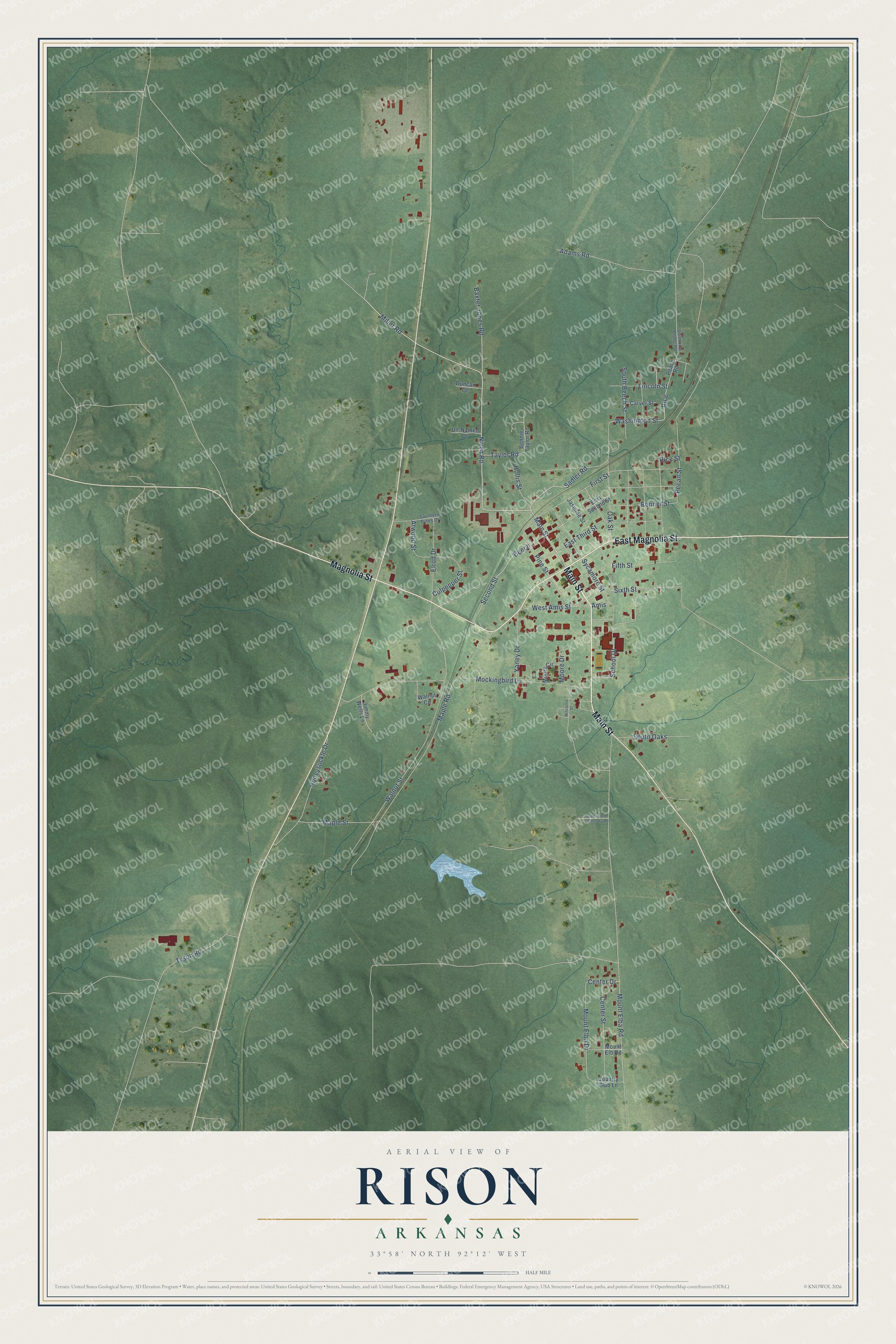 Full map of Rison, Arkansas, with red buildings, printed street names and the land around them