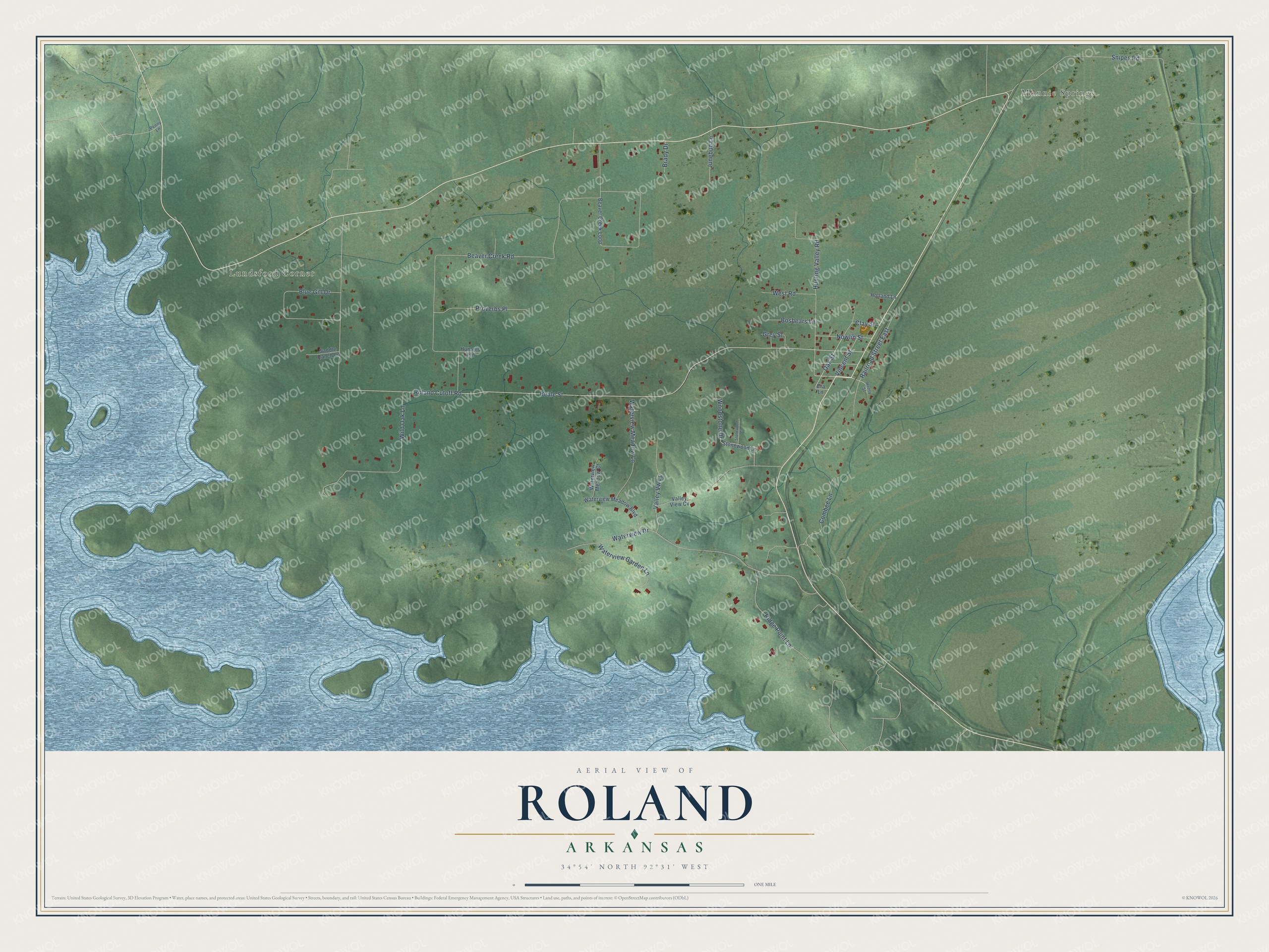 Full map of Roland, Arkansas, with red buildings, printed street names and the land around them