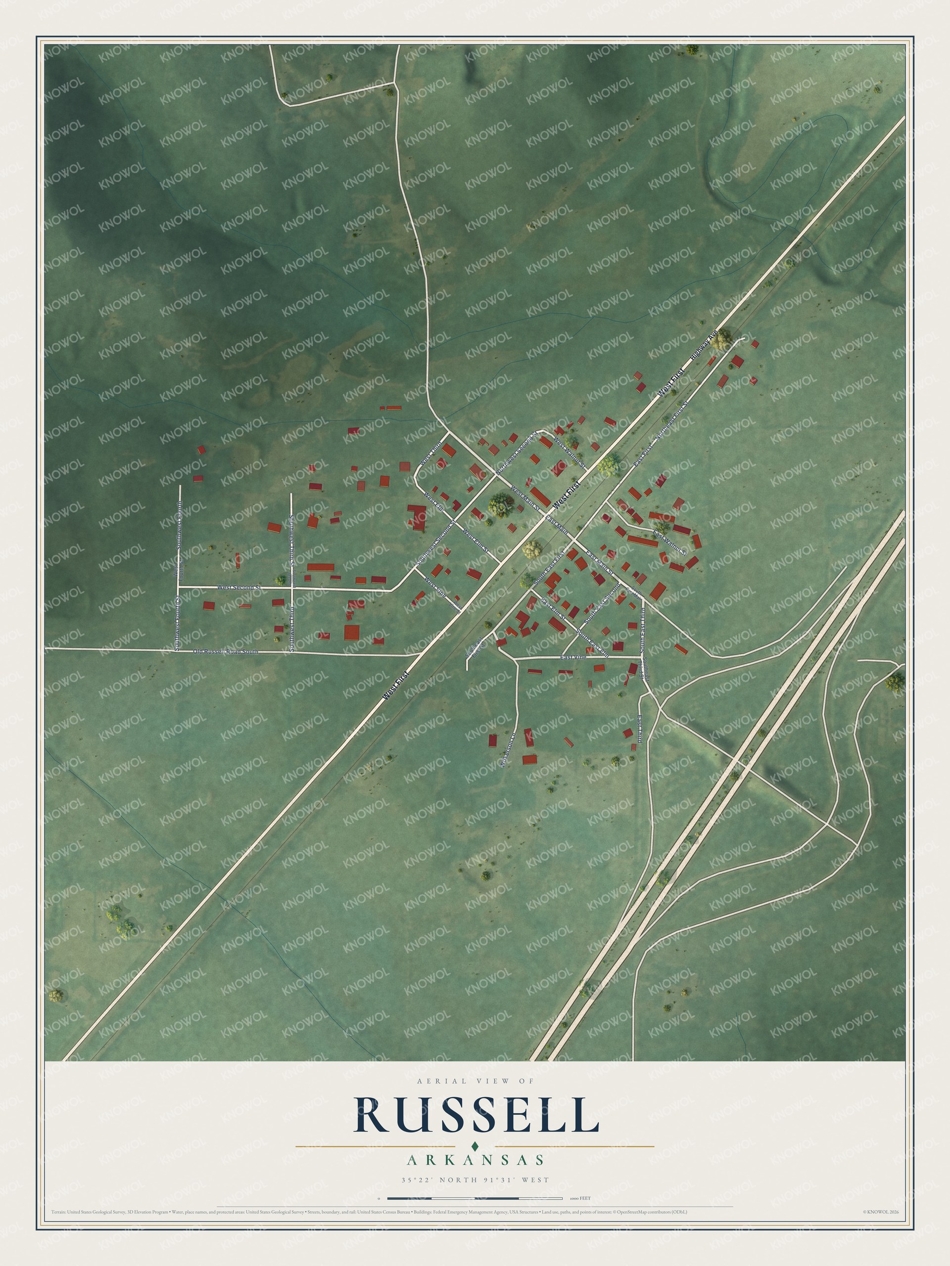 Full map of Russell, Arkansas, with red buildings, printed street names and the land around them