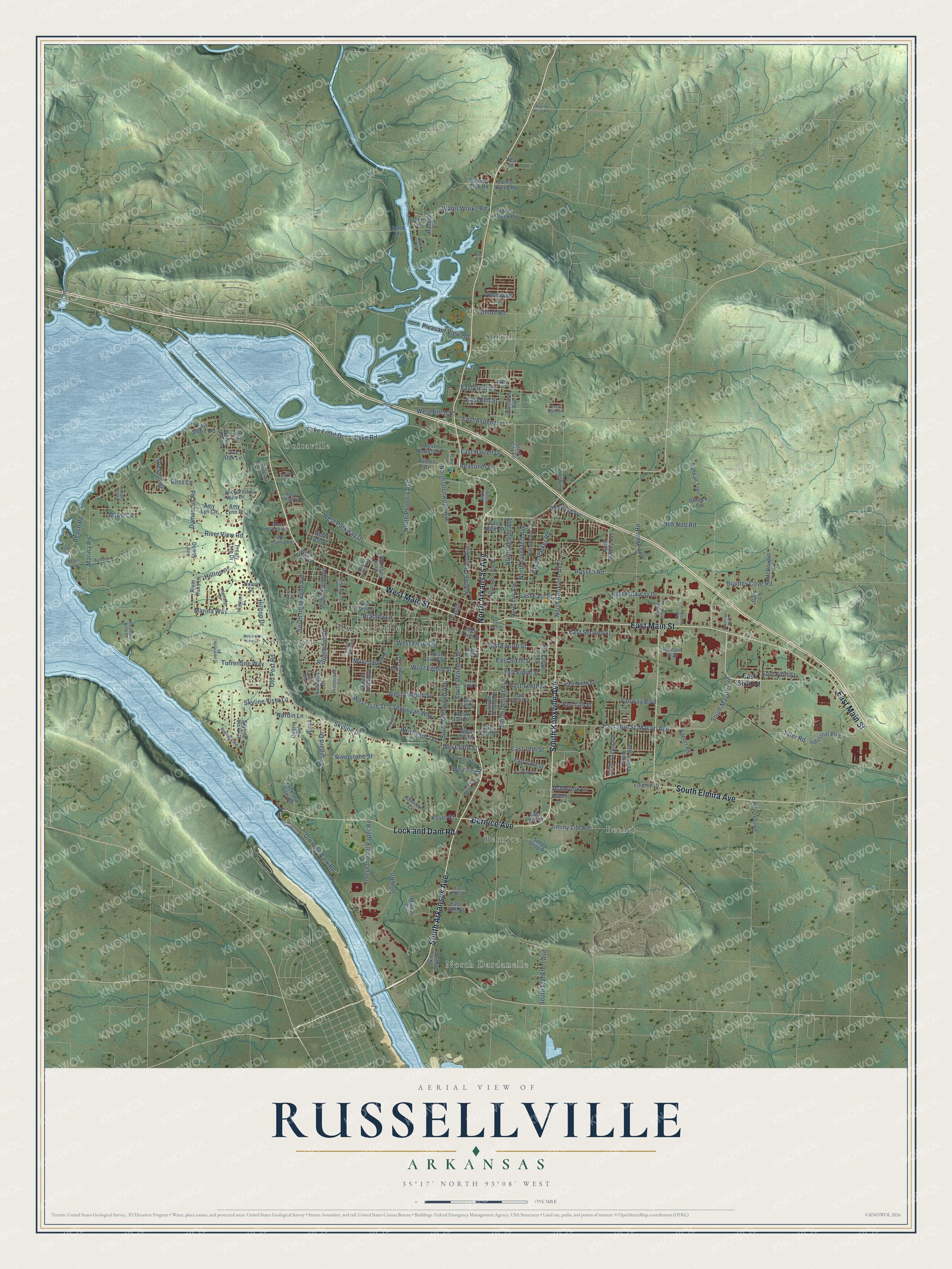 Full map of Russellville, Arkansas, with red buildings, printed street names and the land around them