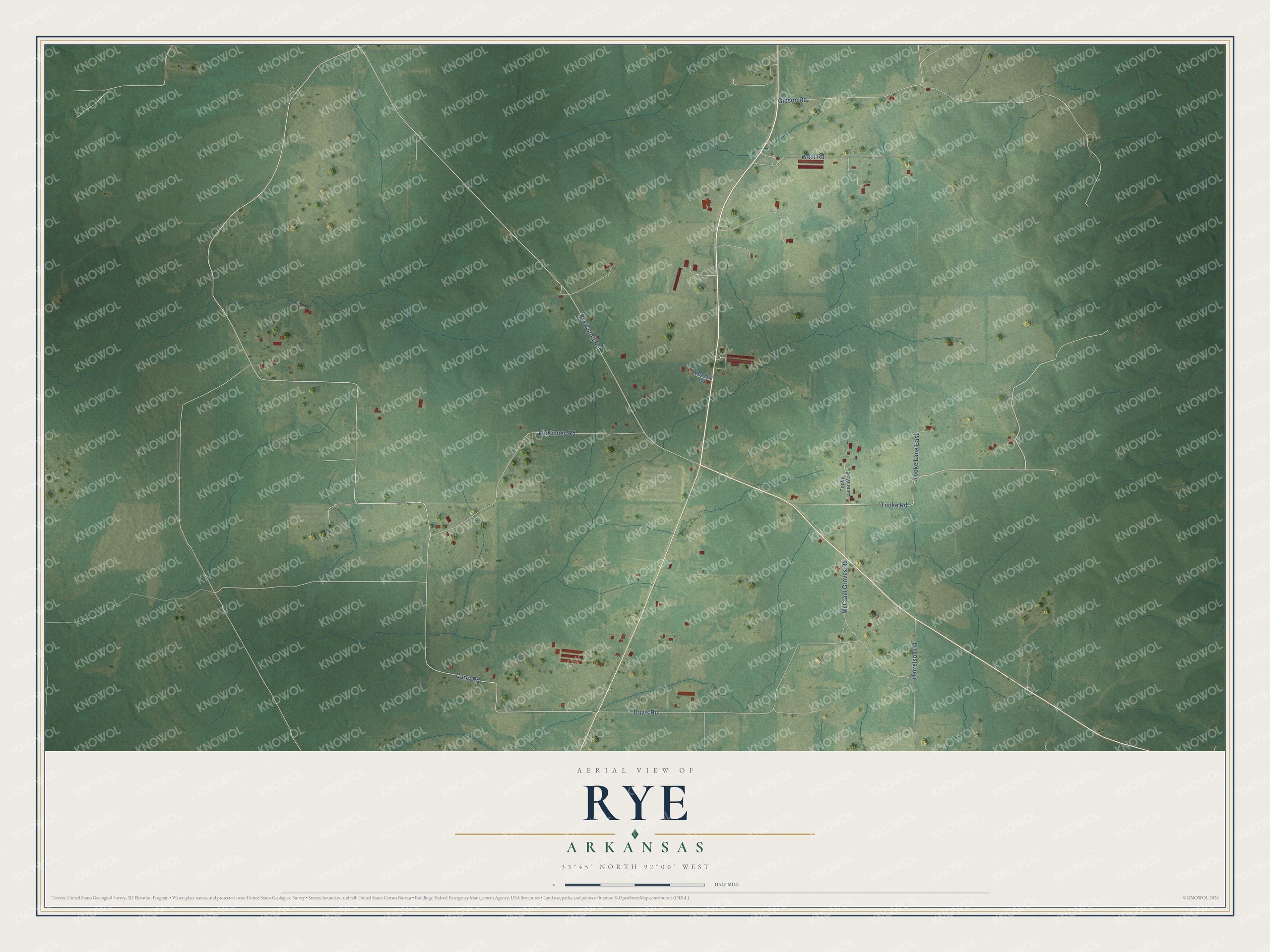 Full map of Rye, Arkansas, with red buildings, printed street names and the land around them