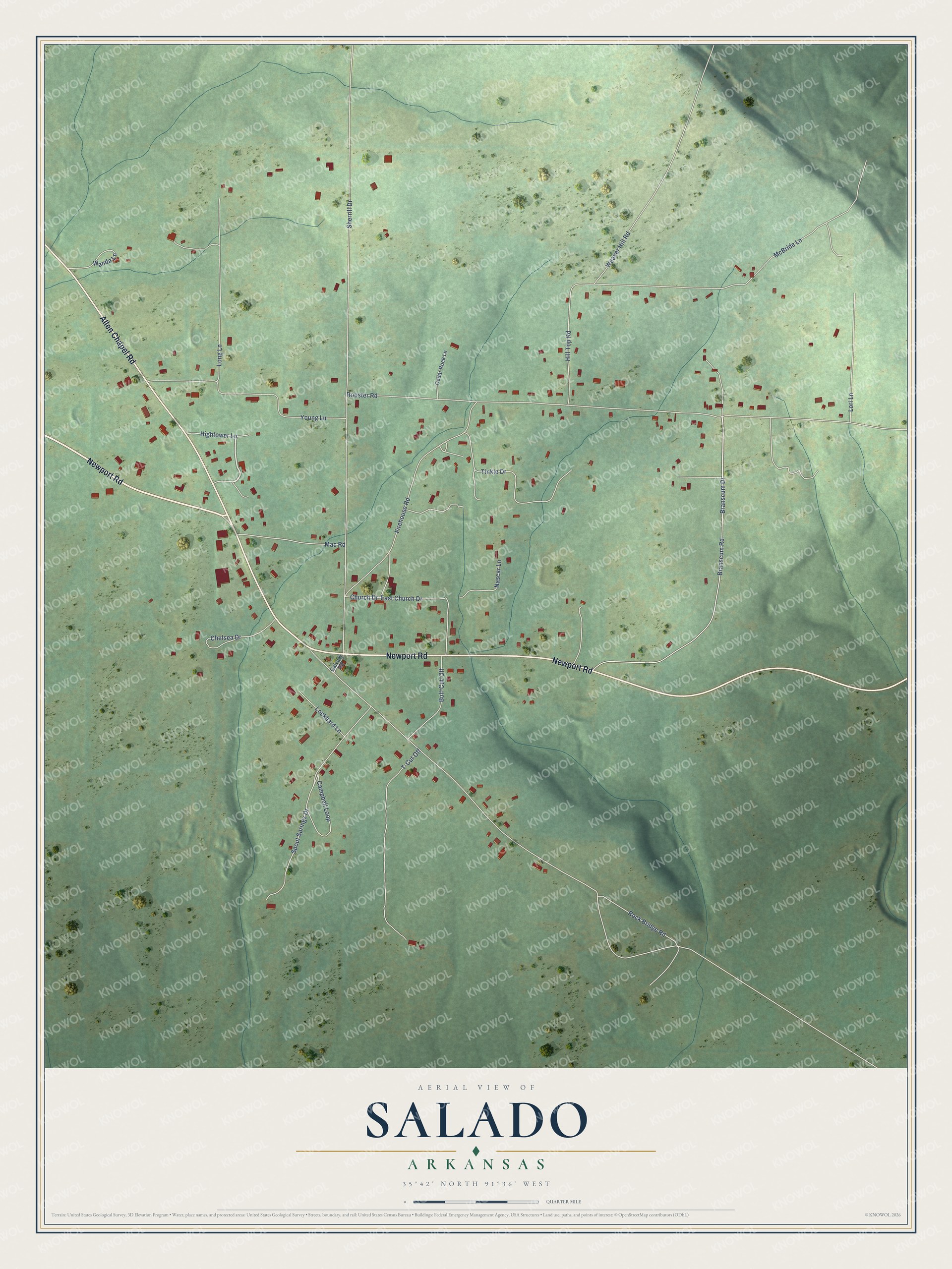 Full map of Salado, Arkansas, with red buildings, printed street names and the land around them