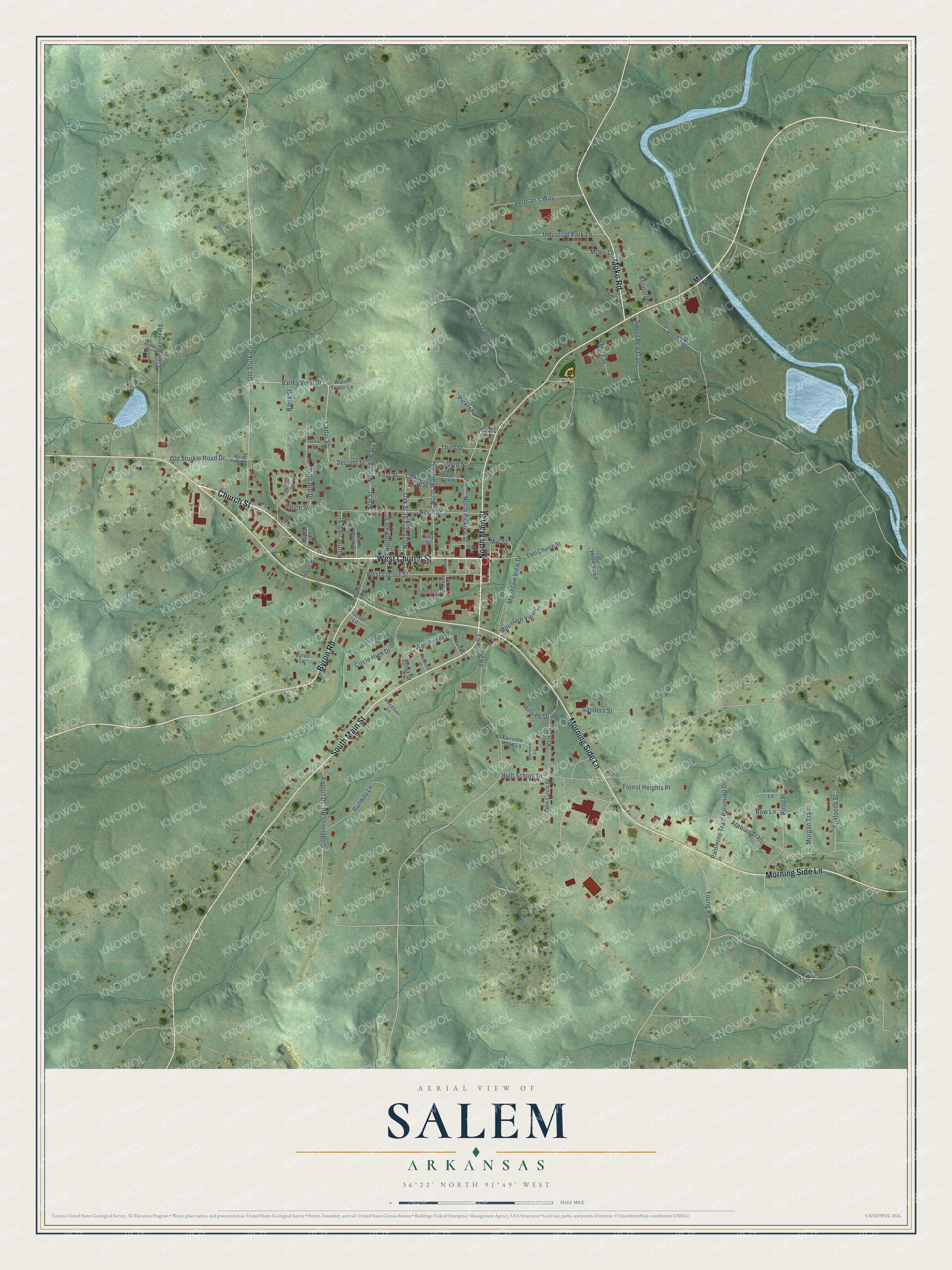 Full map of Salem, Arkansas, with red buildings, printed street names and the land around them