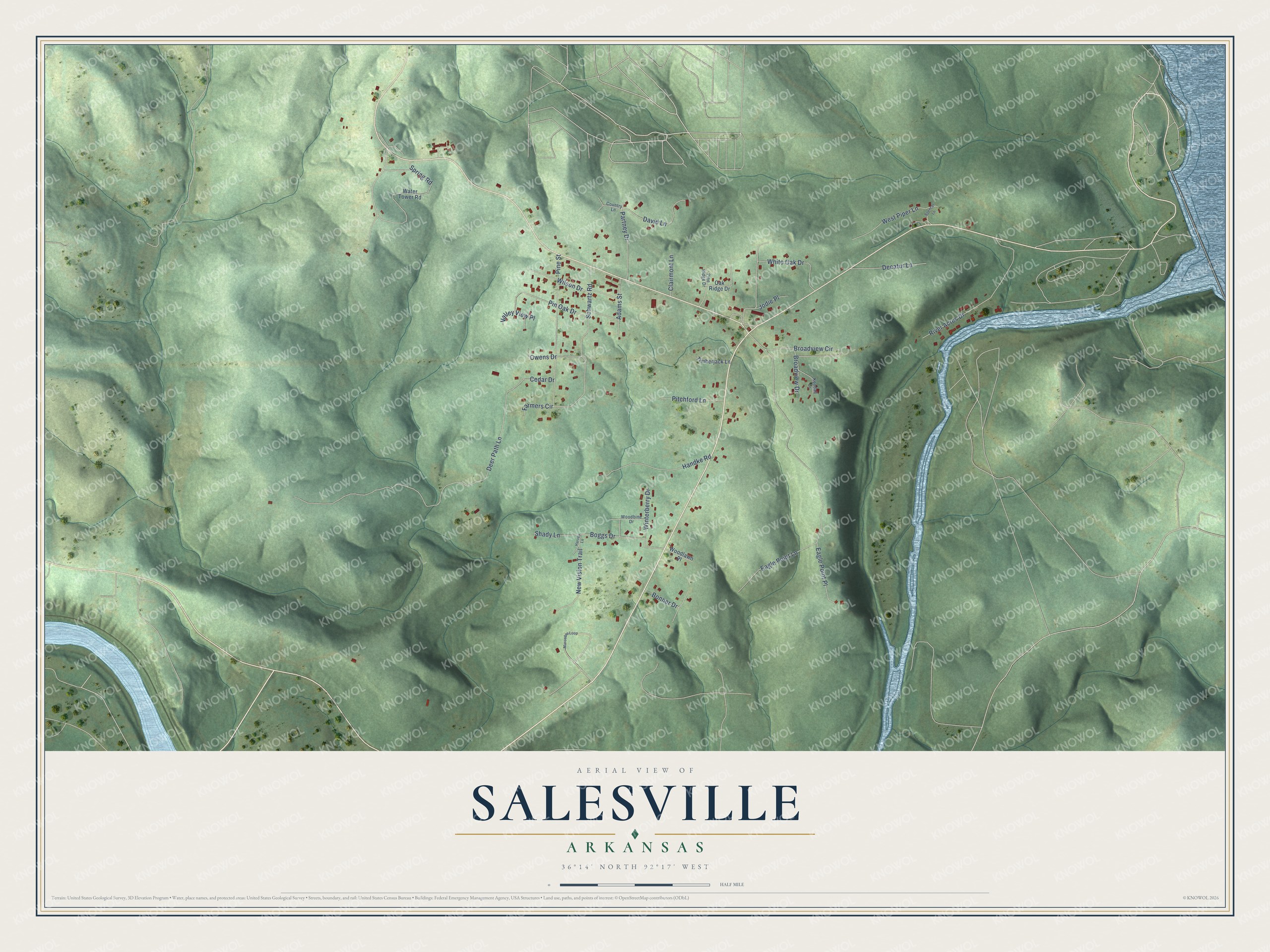 Full map of Salesville, Arkansas, with red buildings, printed street names and the land around them
