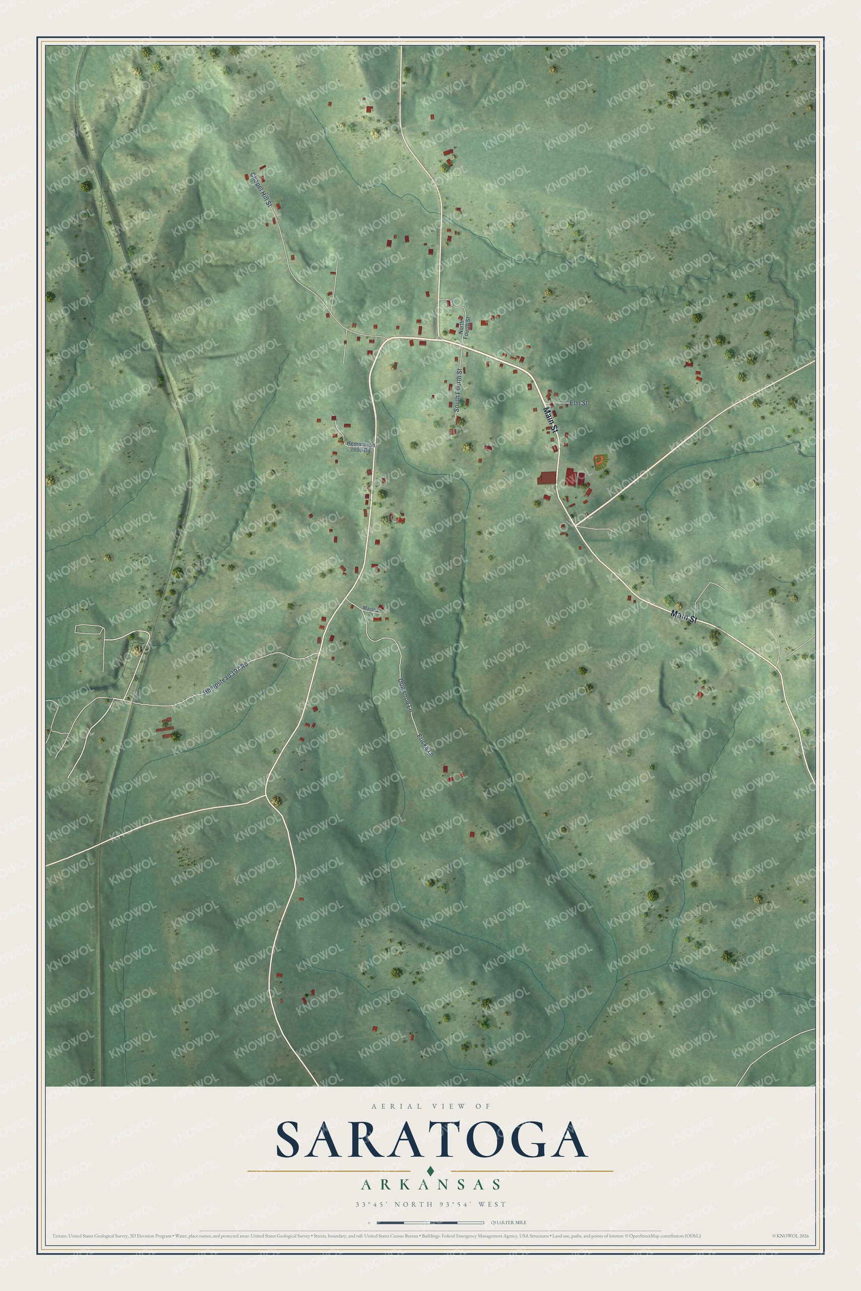 Full map of Saratoga, Arkansas, with red buildings, printed street names and the land around them