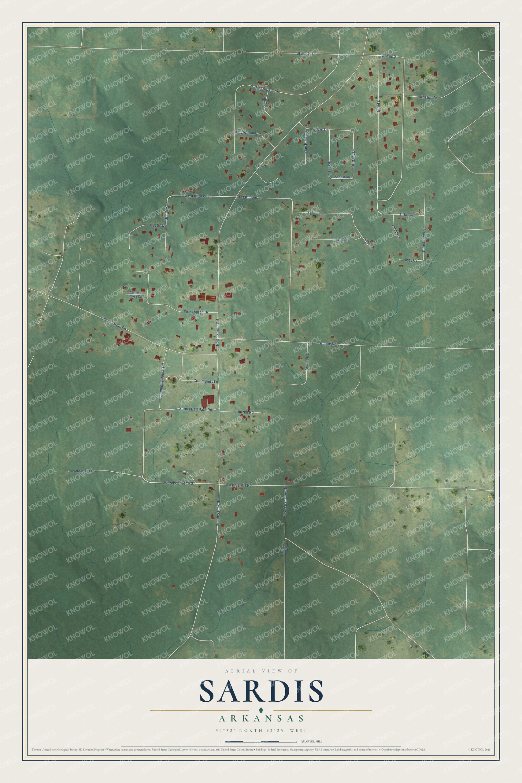 Full map of Sardis, Arkansas, with red buildings, printed street names and the land around them