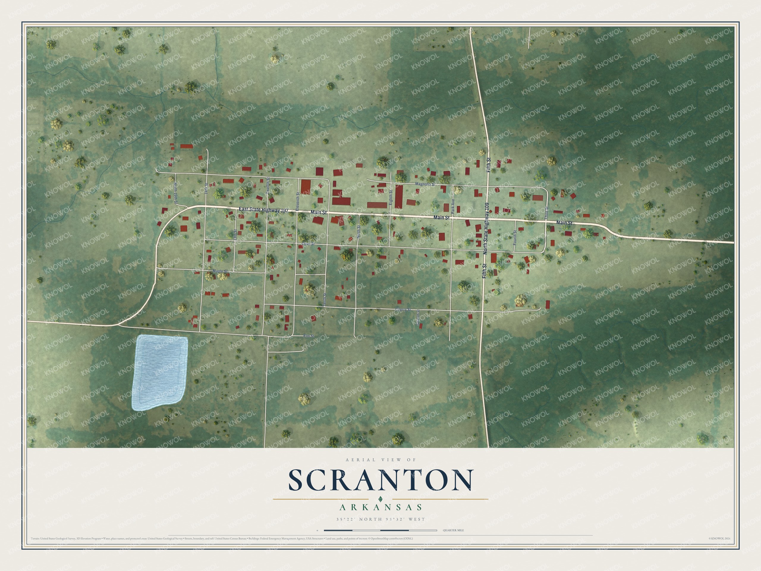 Full map of Scranton, Arkansas, with red buildings, printed street names and the land around them