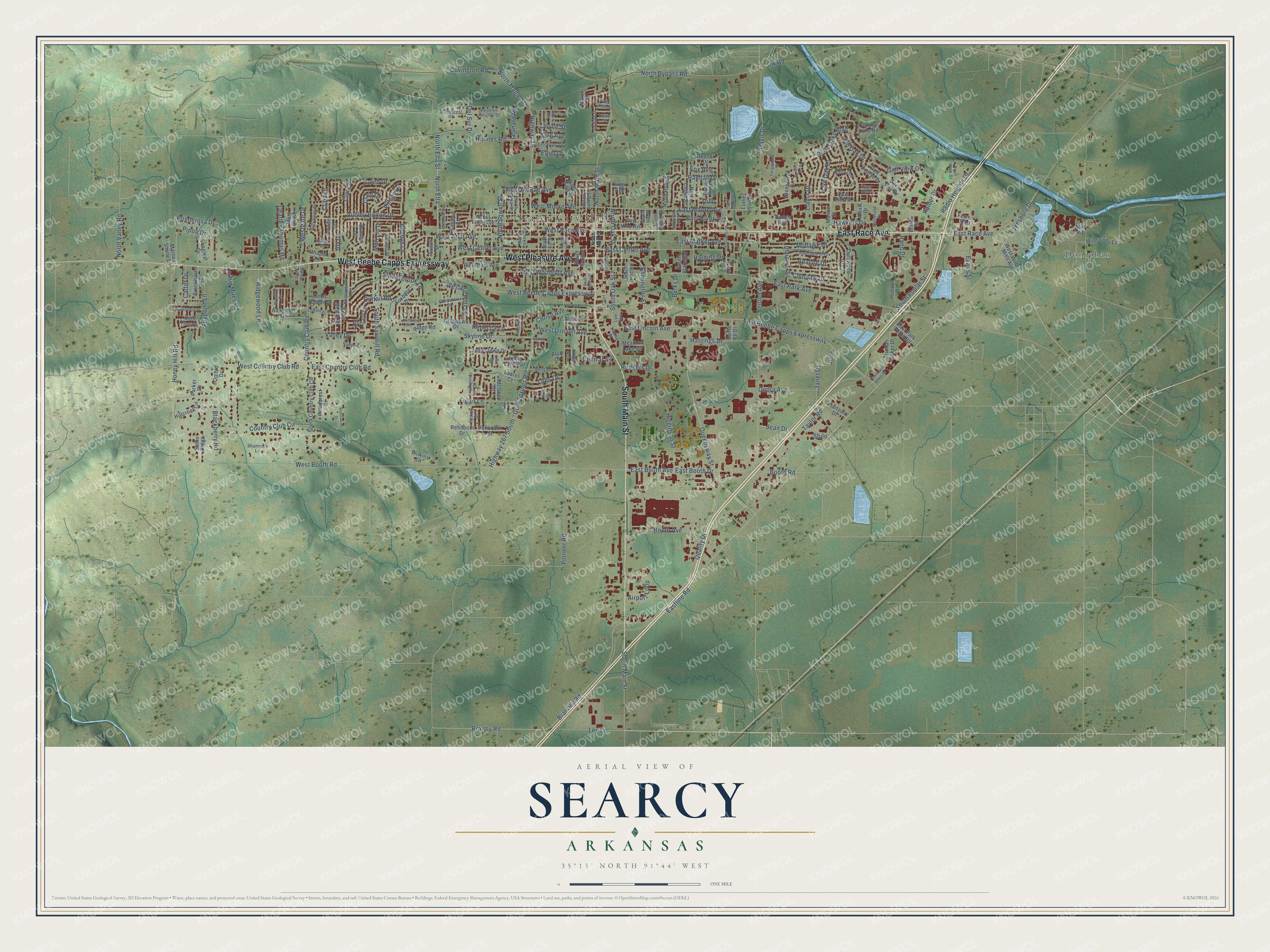 Full map of Searcy, Arkansas, with red buildings, printed street names and the land around them