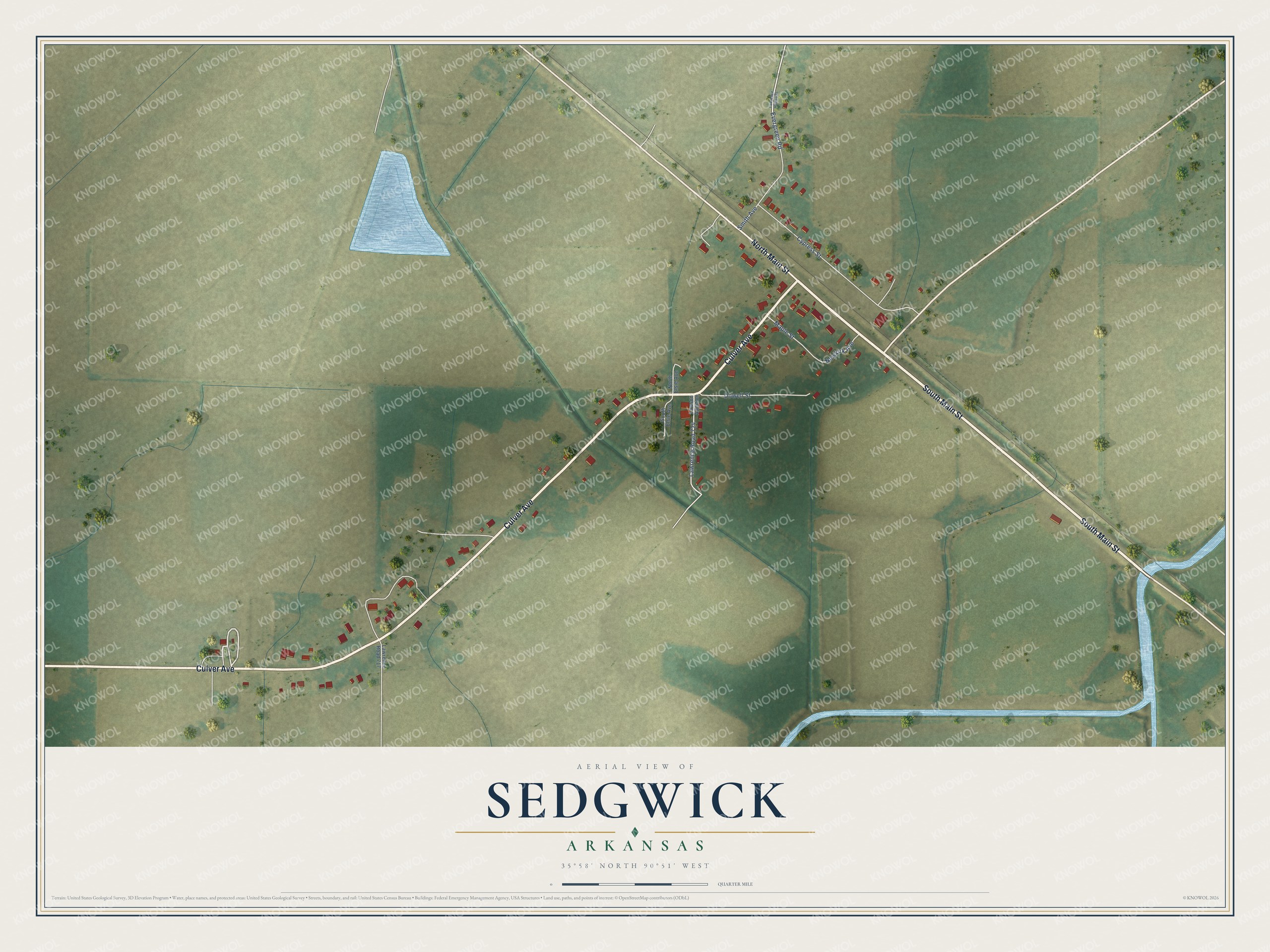 Full map of Sedgwick, Arkansas, with red buildings, printed street names and the land around them