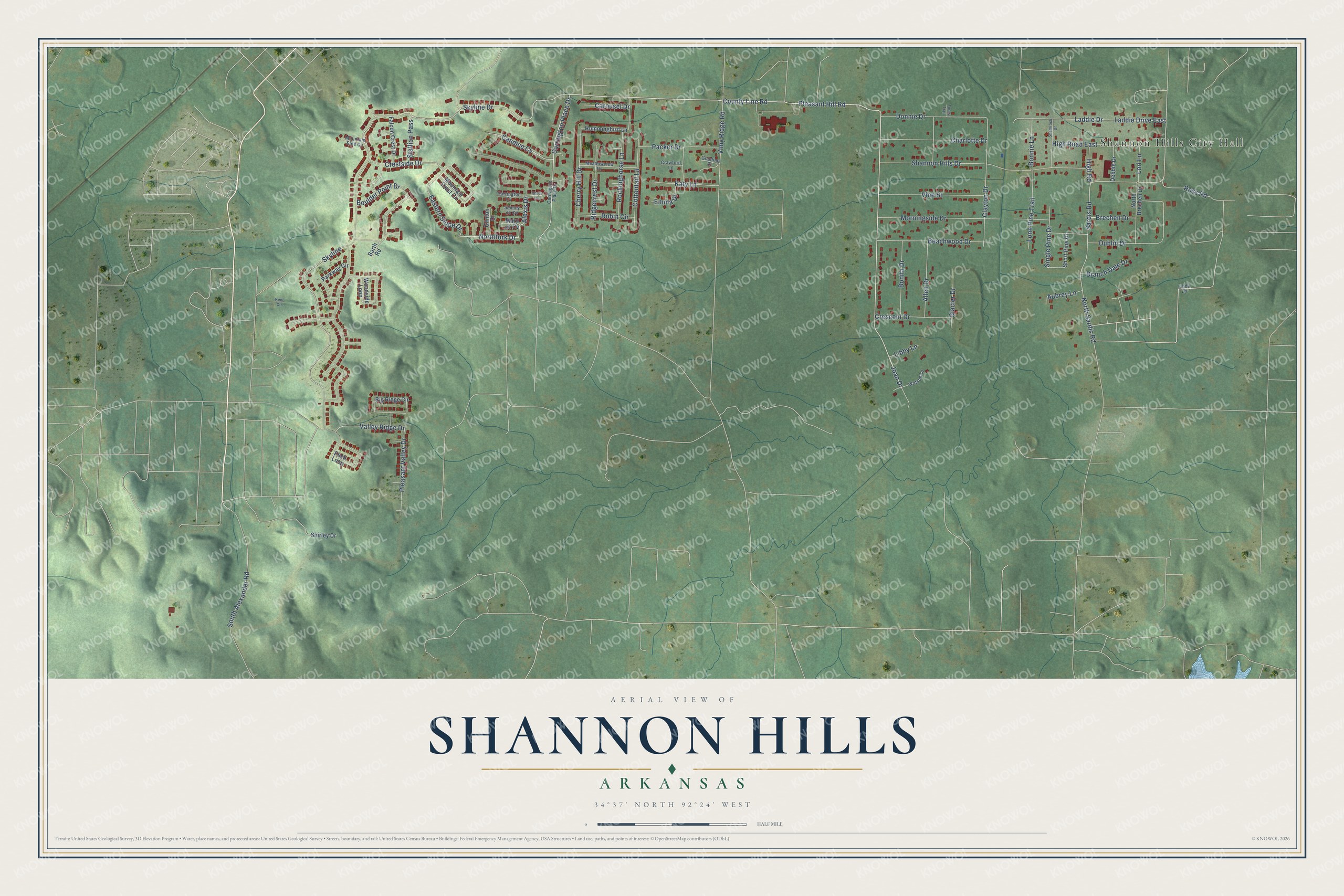 Full map of Shannon Hills, Arkansas, with red buildings, printed street names and the land around them