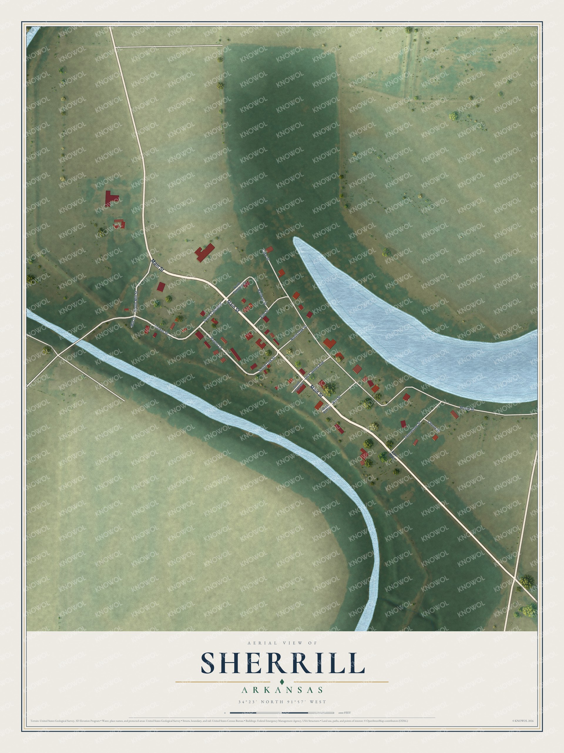 Full map of Sherrill, Arkansas, with red buildings, printed street names and the land around them