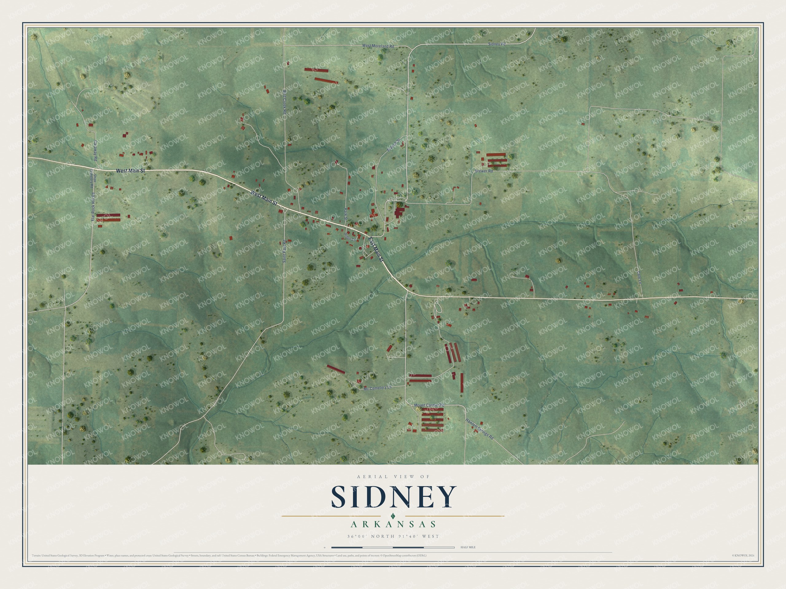 Full map of Sidney, Arkansas, with red buildings, printed street names and the land around them