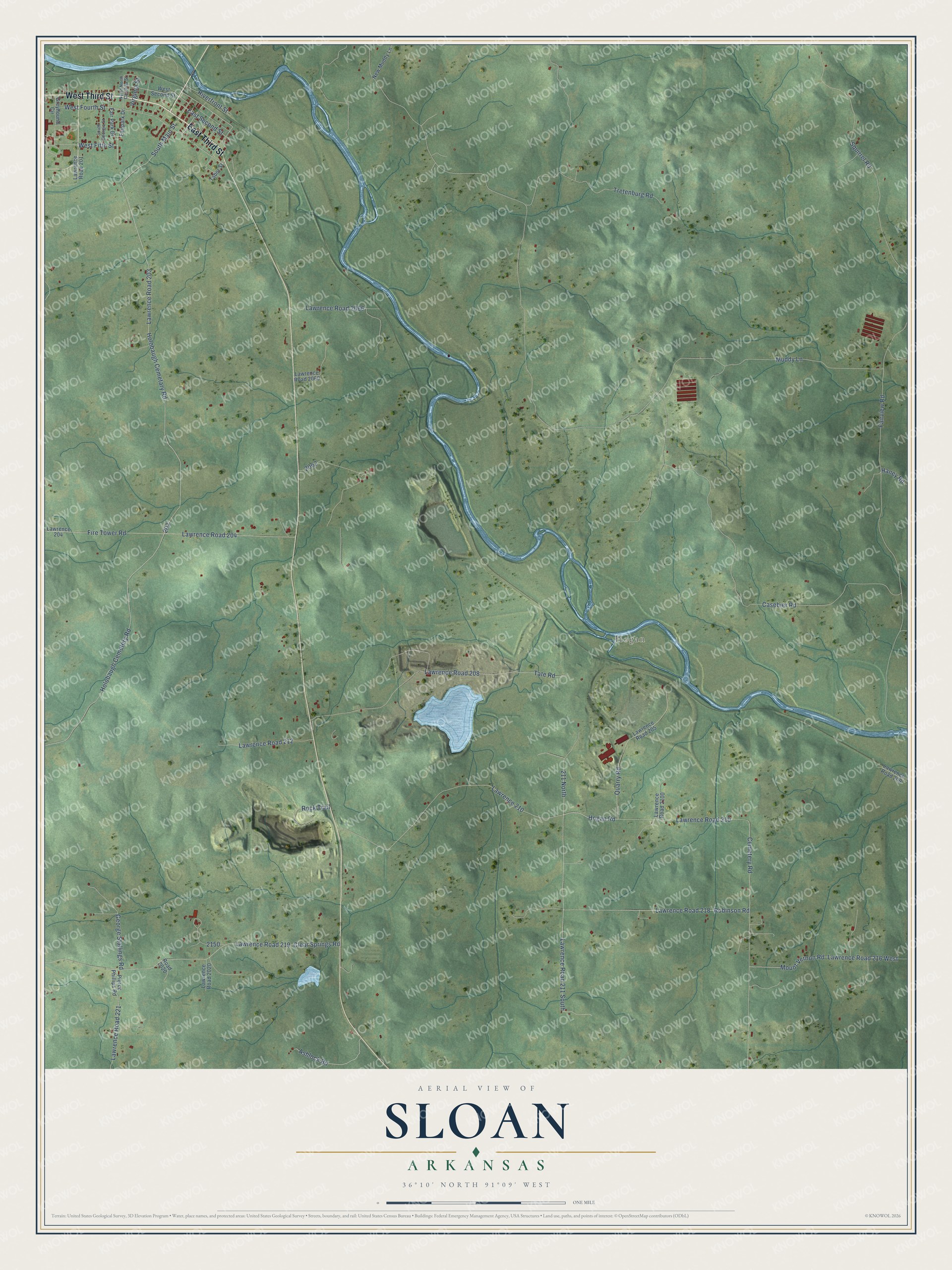 Full map of Sloan, Arkansas, with red buildings, printed street names and the land around them