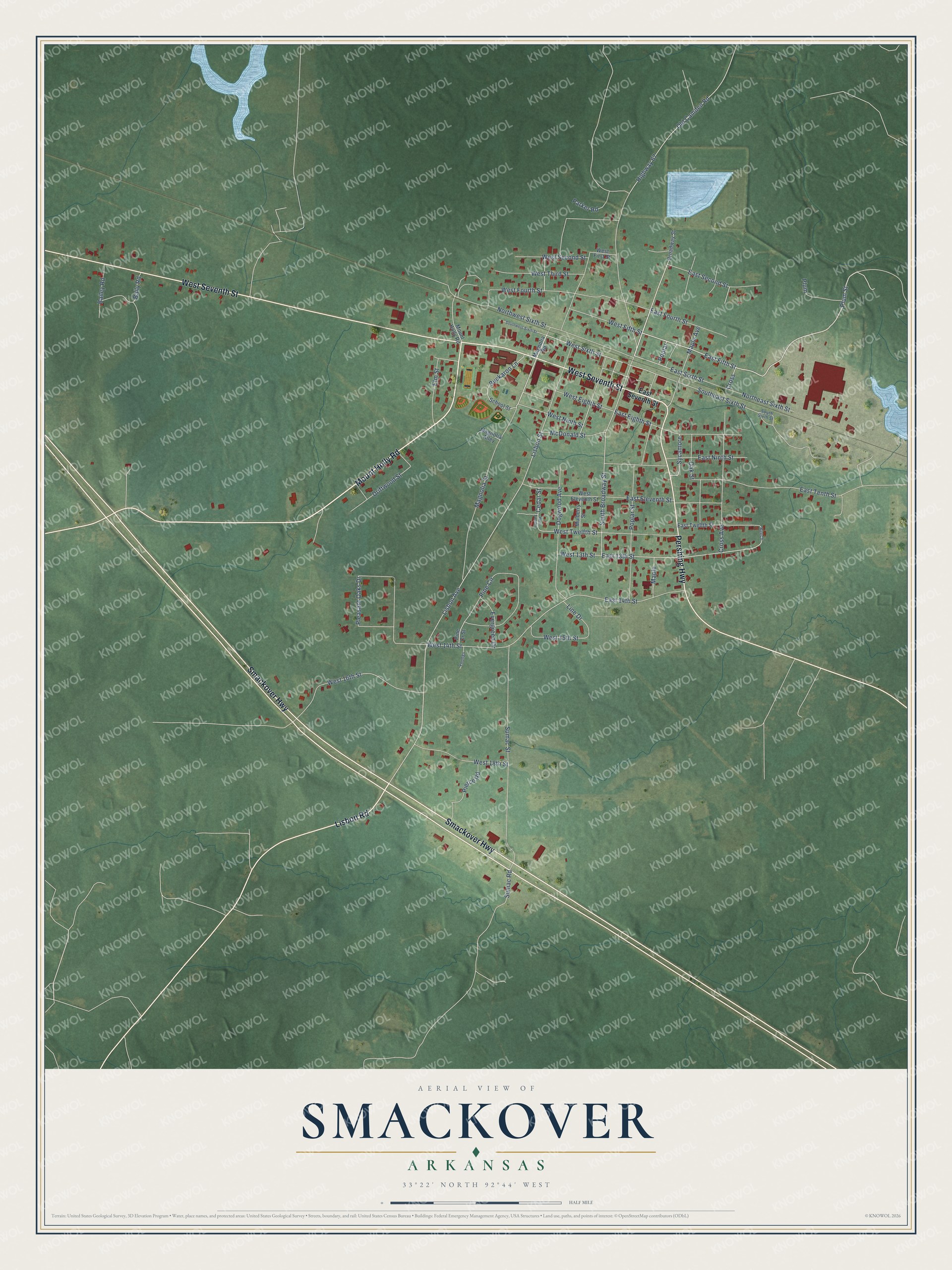 Full map of Smackover, Arkansas, with red buildings, printed street names and the land around them