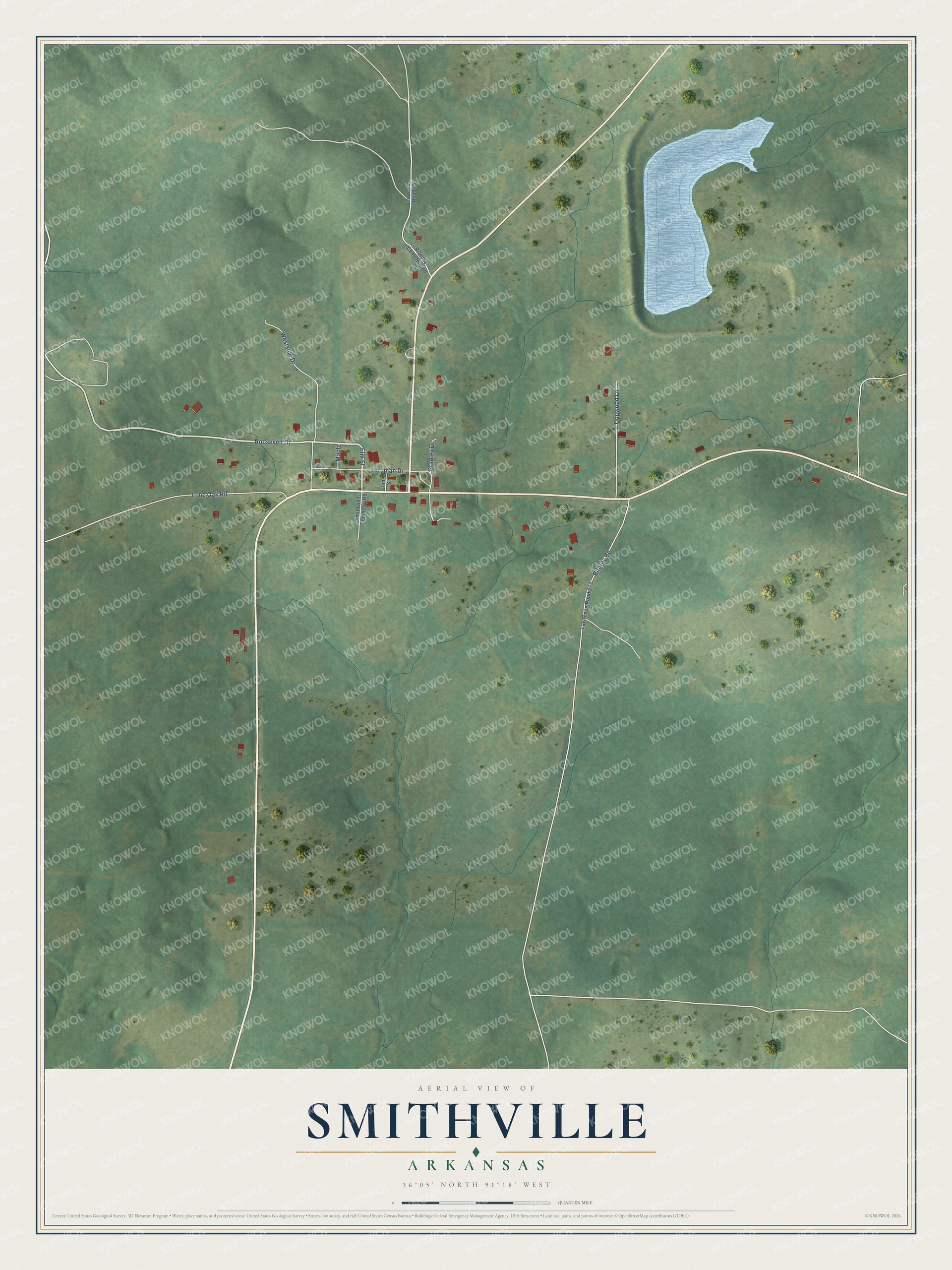Full map of Smithville, Arkansas, with red buildings, printed street names and the land around them