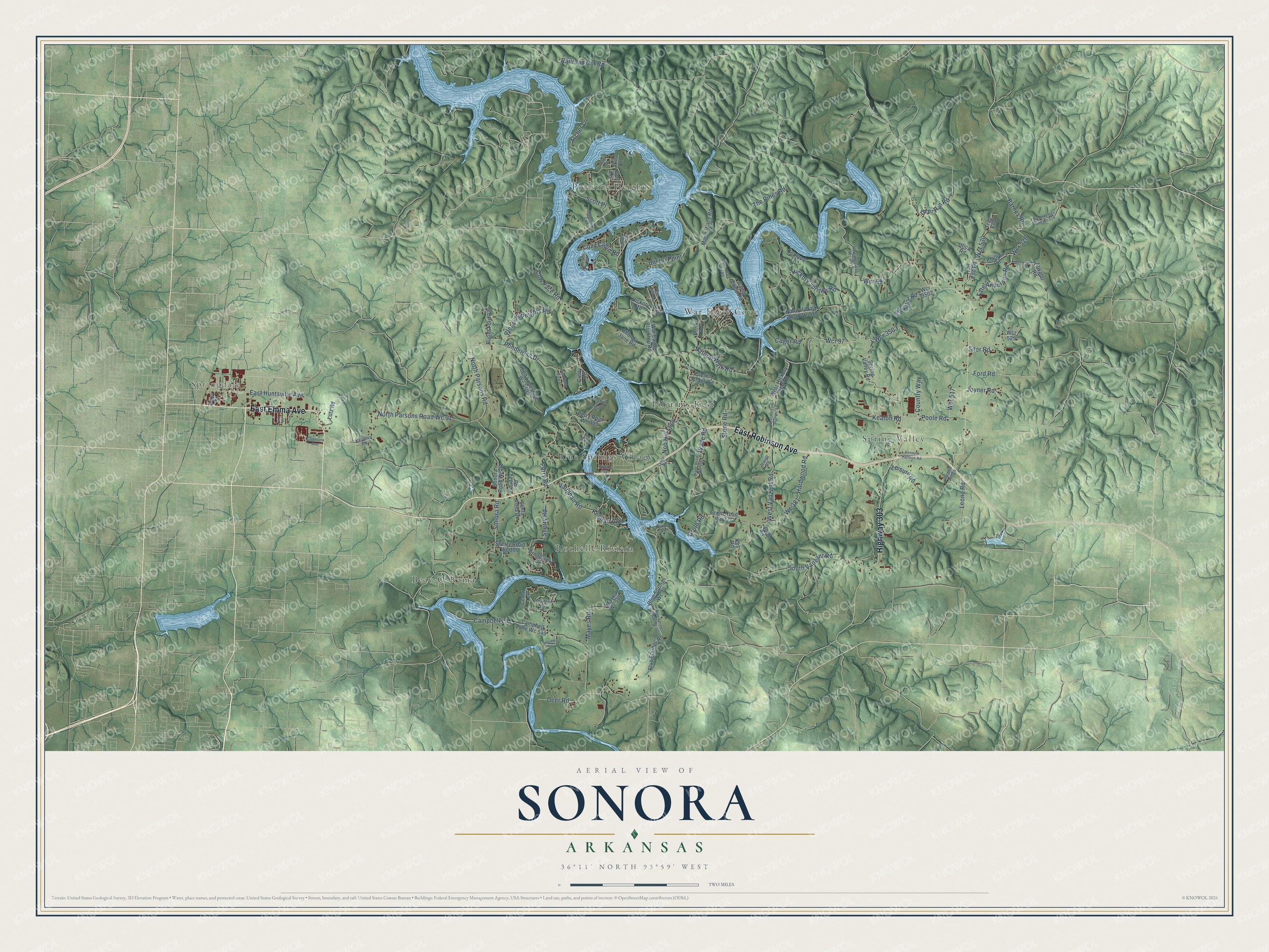 Full map of Sonora, Arkansas, with red buildings, printed street names and the land around them