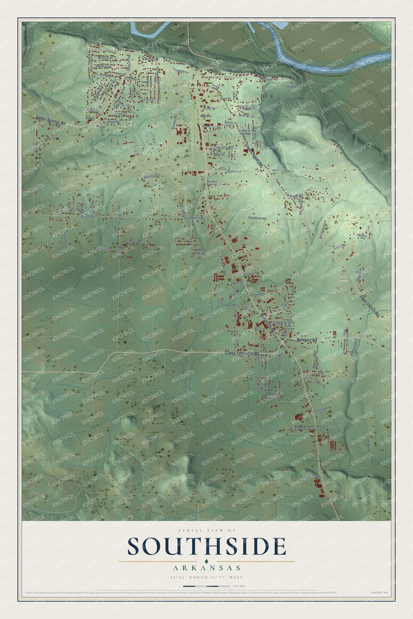 Full map of Southside, Arkansas, with red buildings, printed street names and the land around them