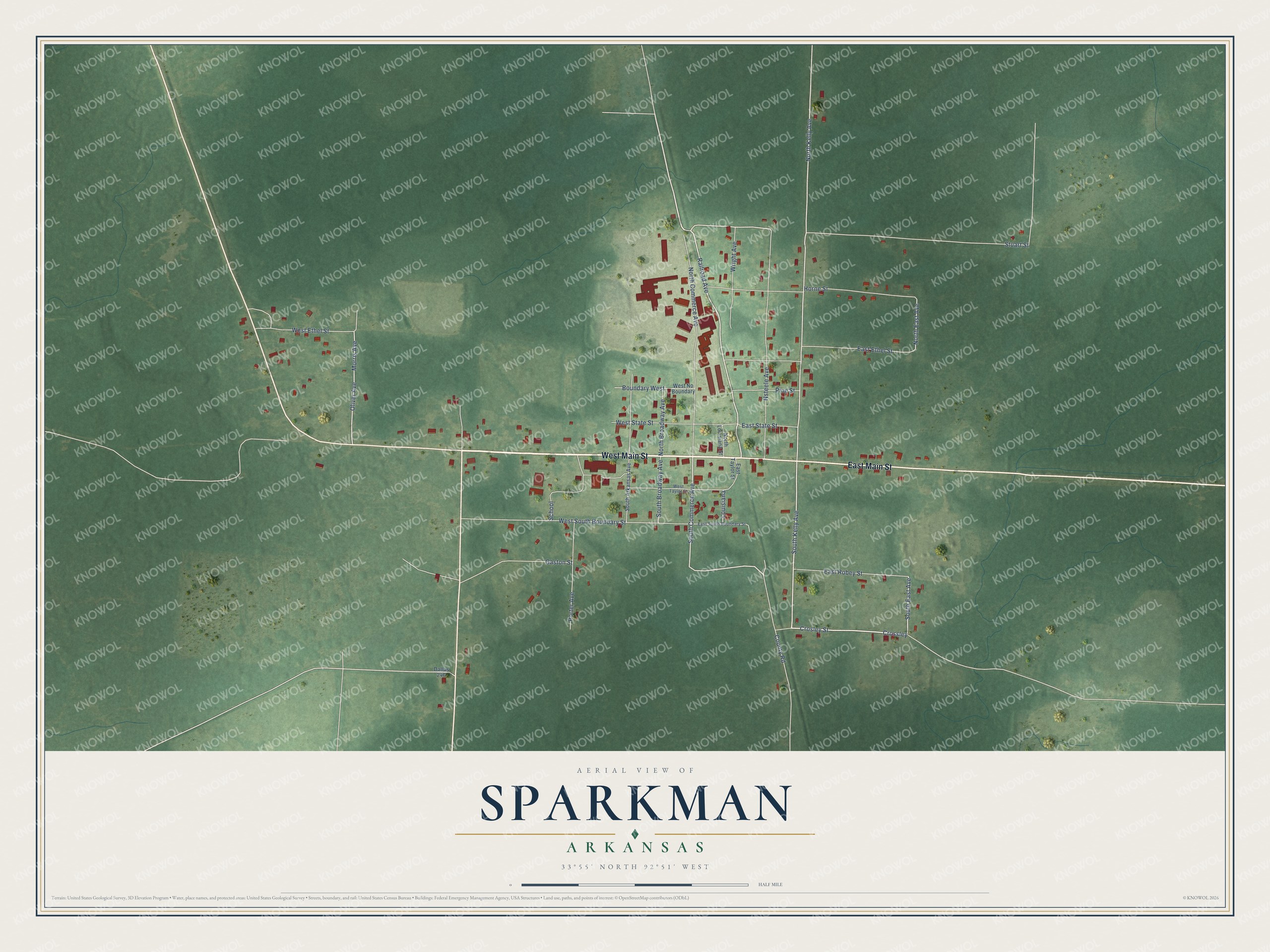 Full map of Sparkman, Arkansas, with red buildings, printed street names and the land around them