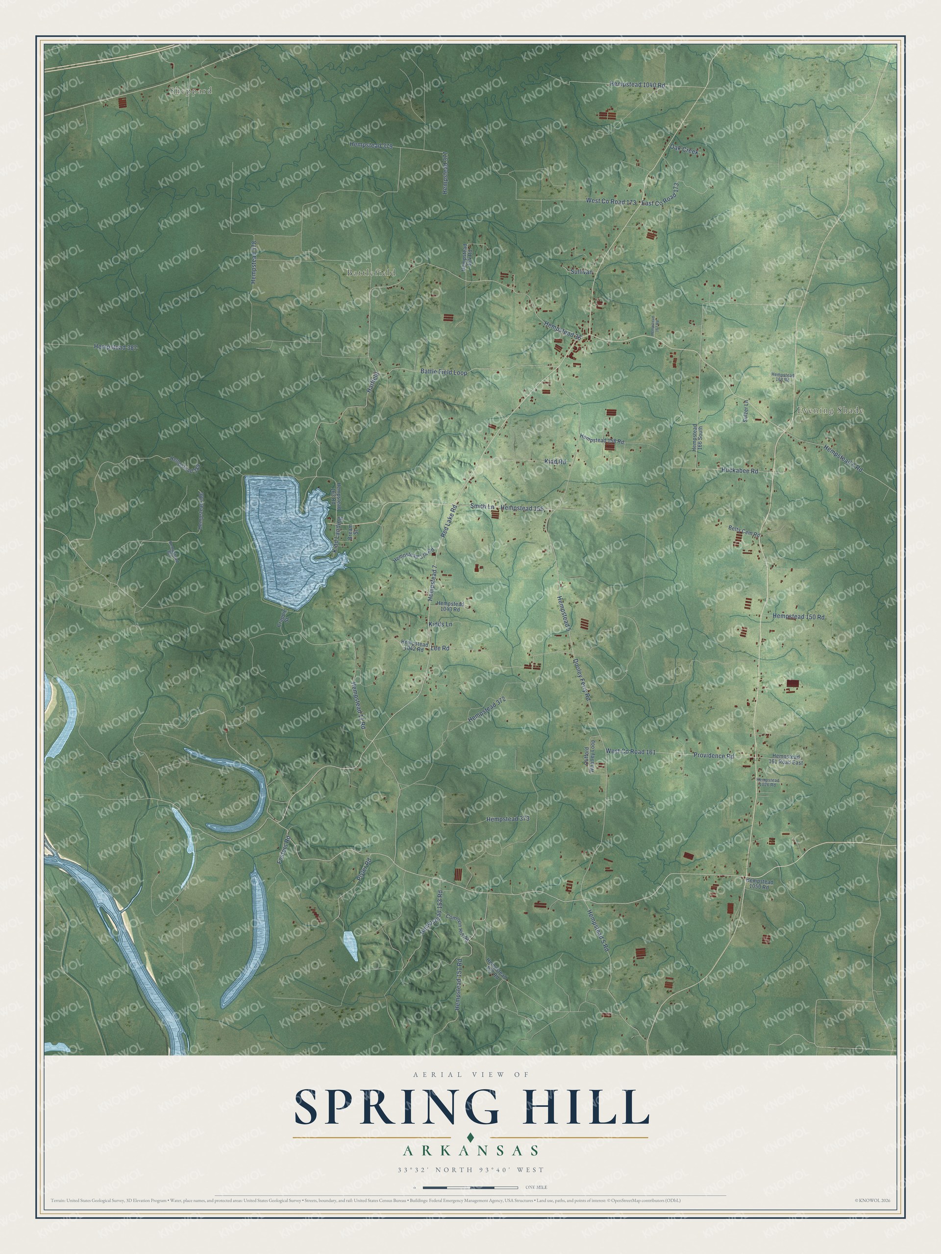 Full map of Spring Hill, Arkansas, with red buildings, printed street names and the land around them