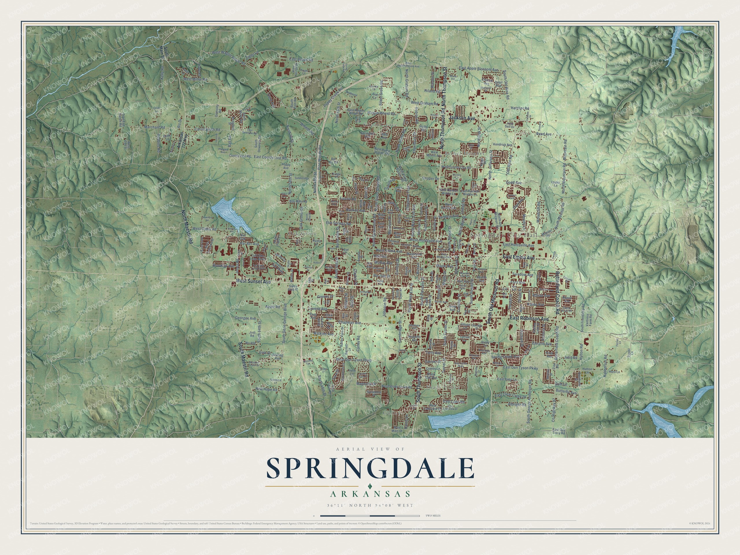 Full map of Springdale, Arkansas, with red buildings, printed street names and the land around them