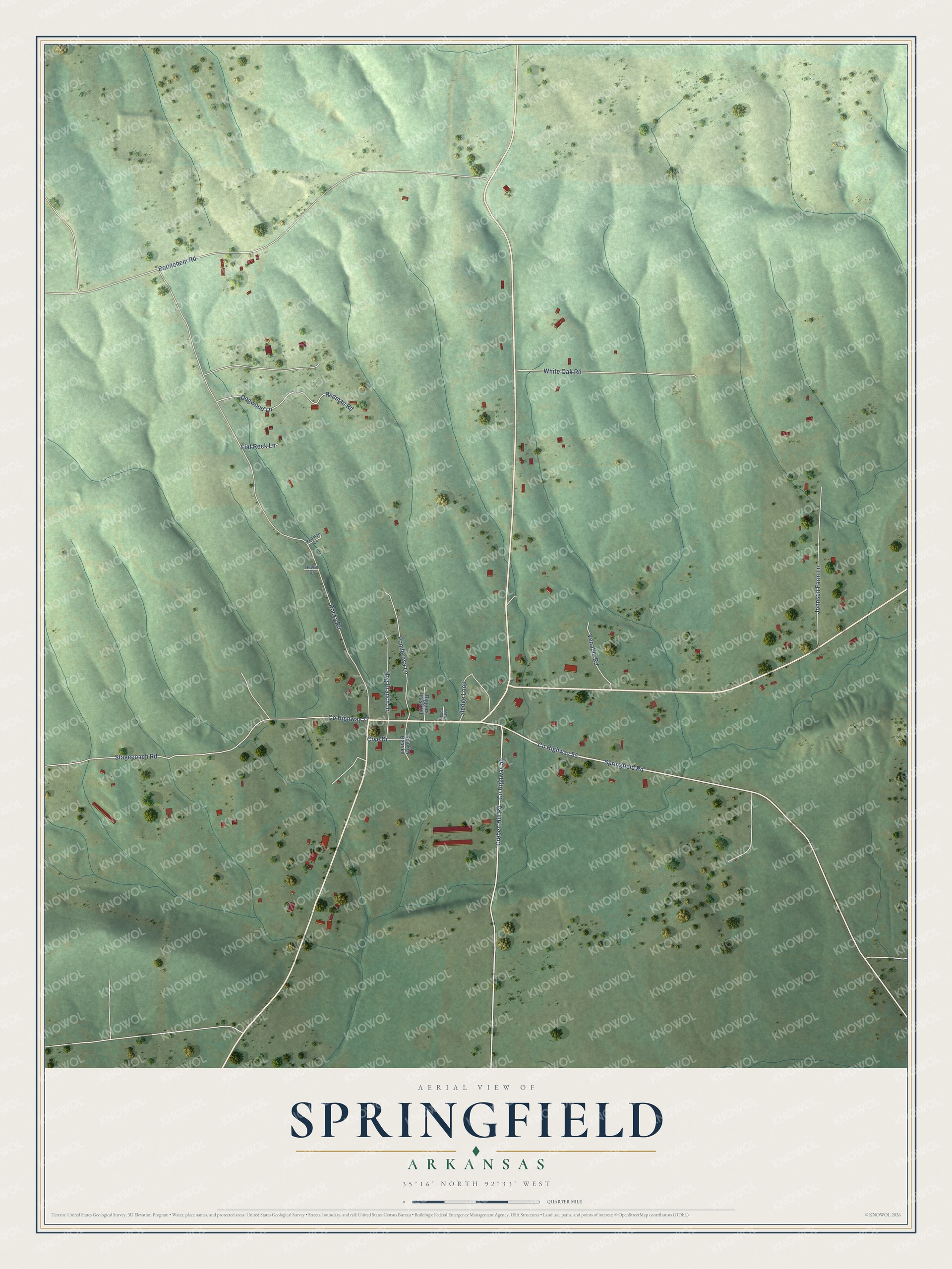 Full map of Springfield, Arkansas, with red buildings, printed street names and the land around them