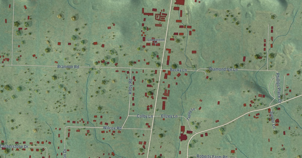 Close-up of streets and buildings in Springhill, Arkansas