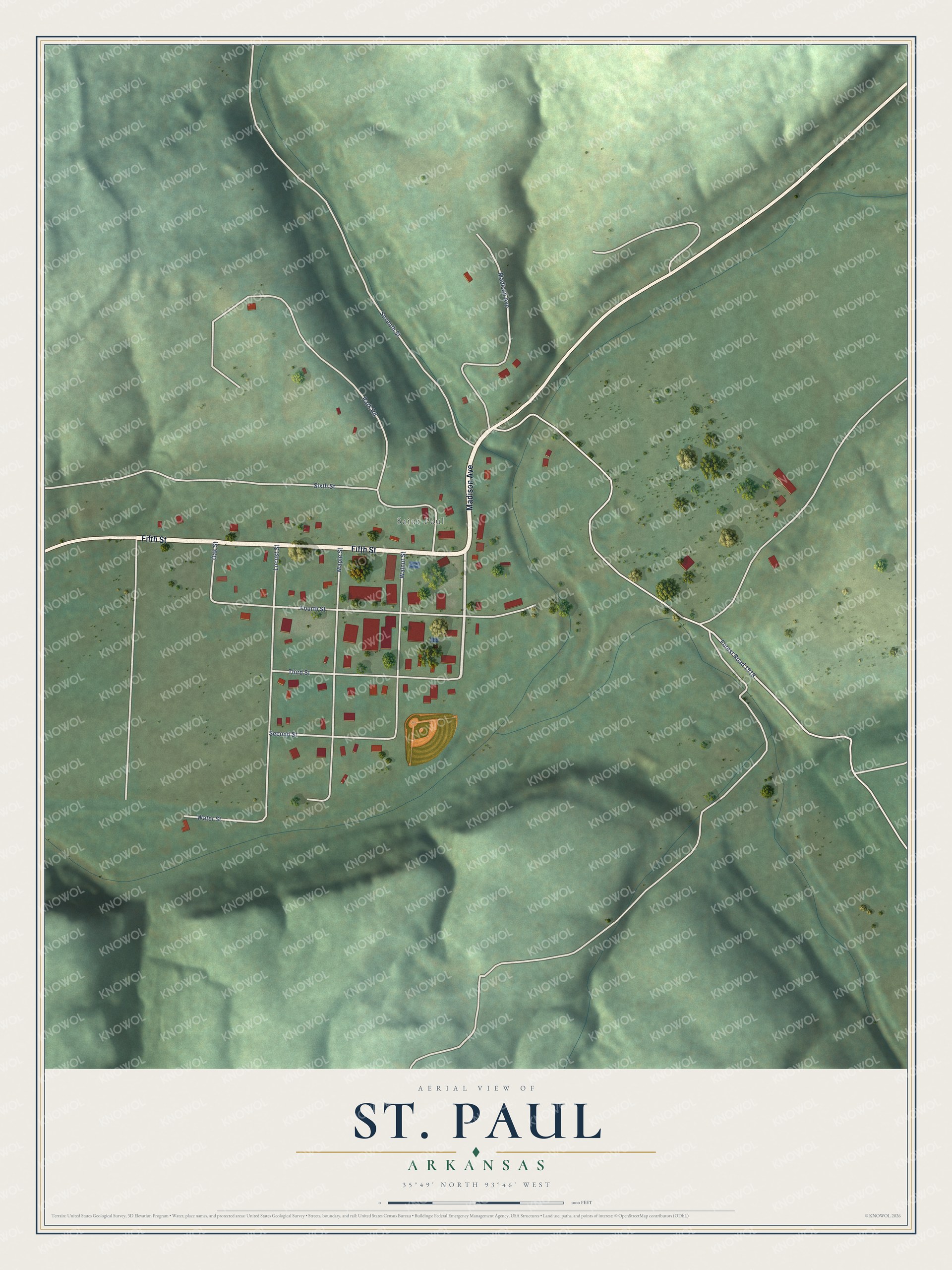 Full map of St. Paul, Arkansas, with red buildings, printed street names and the land around them