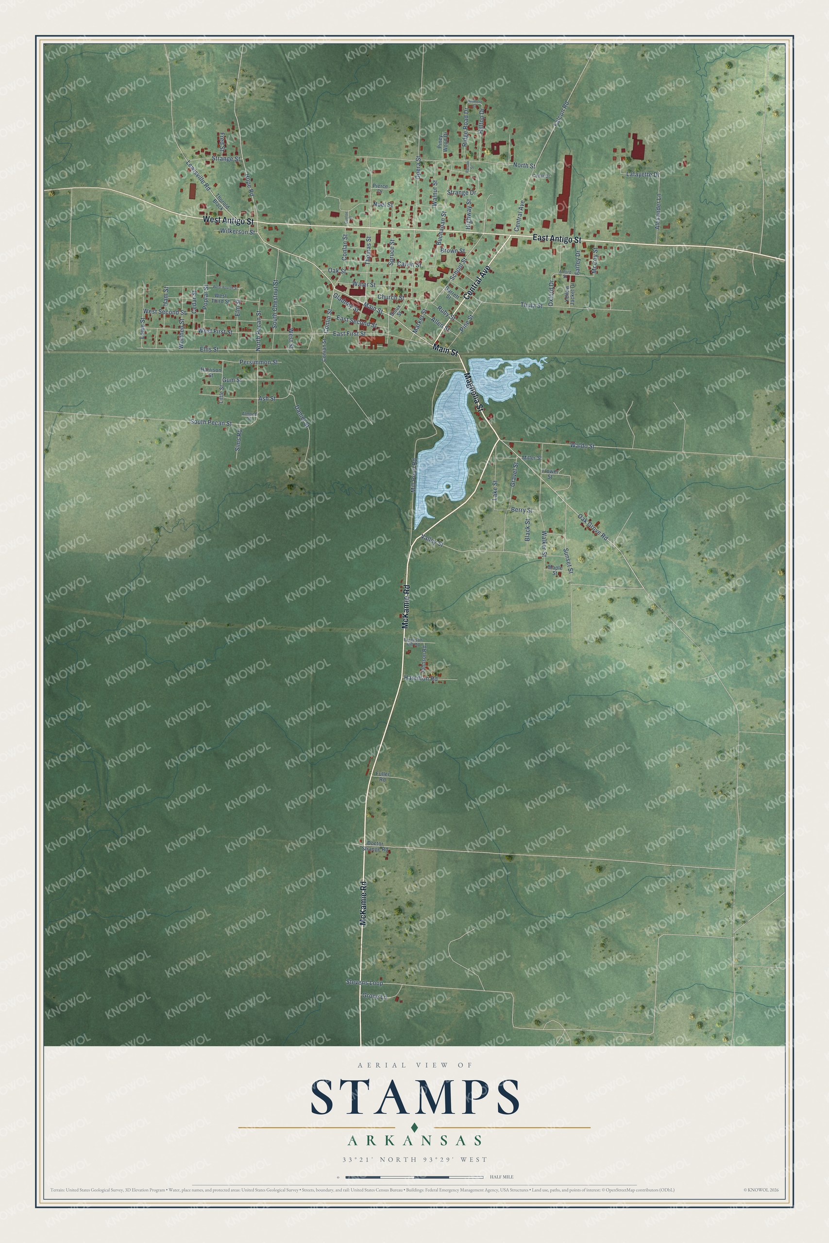 Full map of Stamps, Arkansas, with red buildings, printed street names and the land around them
