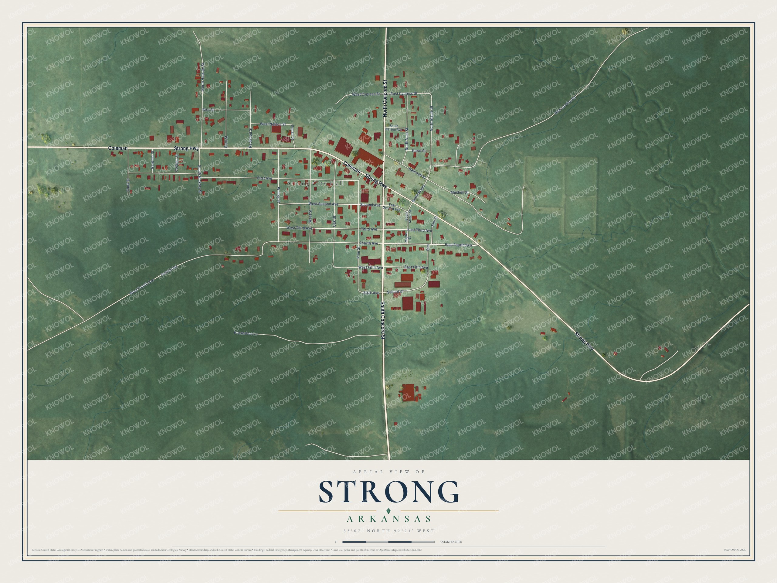 Full map of Strong, Arkansas, with red buildings, printed street names and the land around them