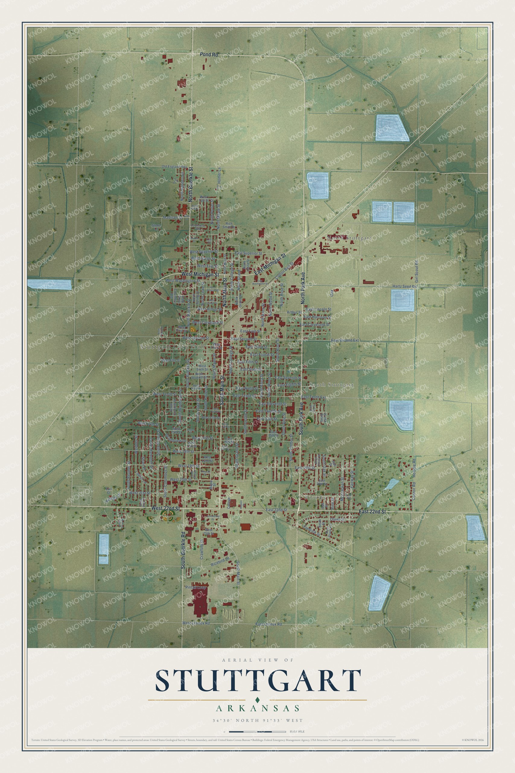 Full map of Stuttgart, Arkansas, with red buildings, printed street names and the land around them